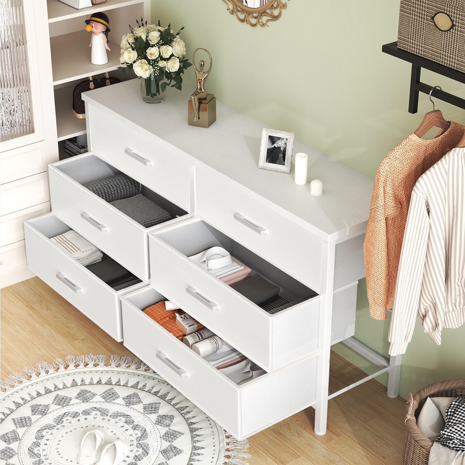 Modern 6-Drawer White Dresser for Bedroom - Wide TV Stand for 60