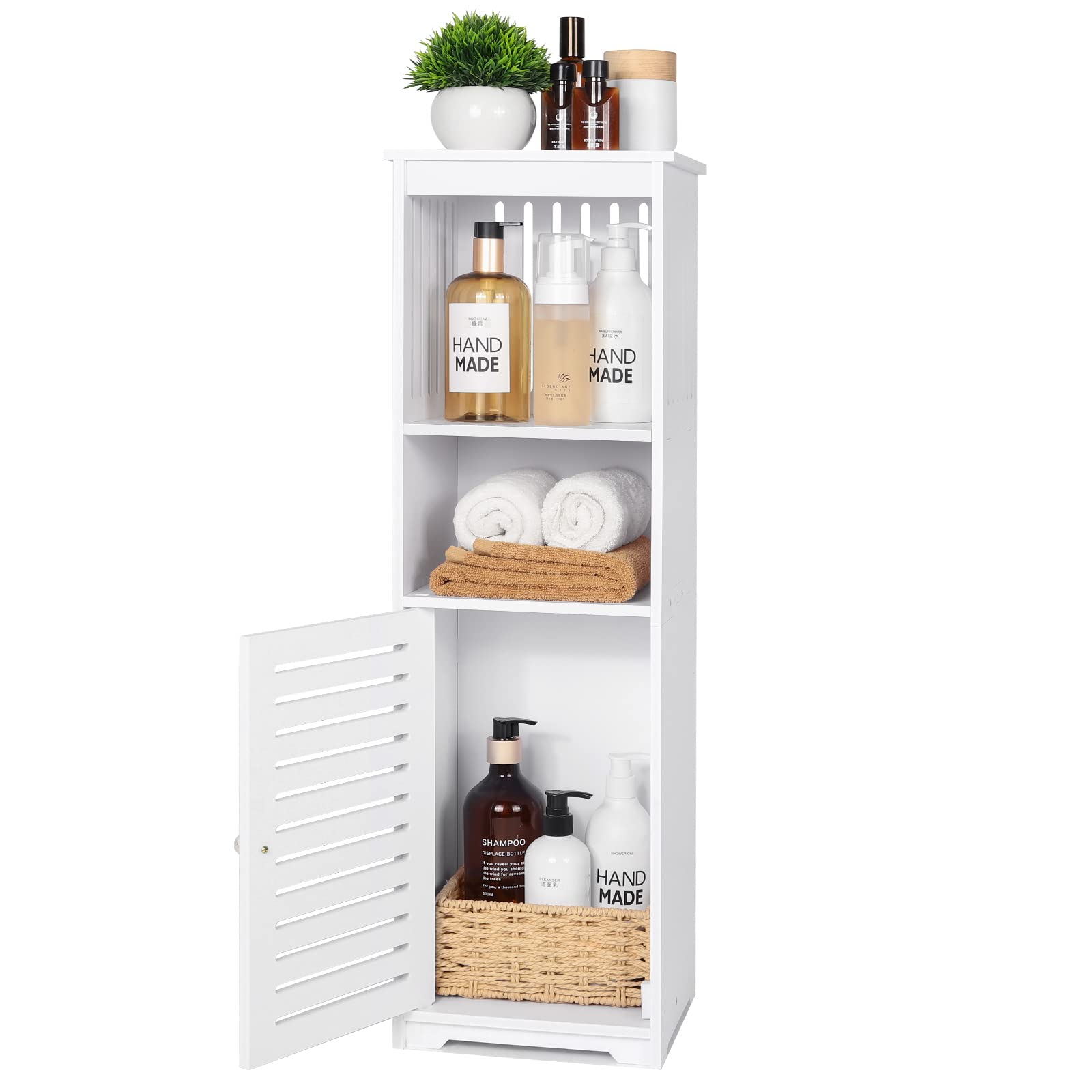 White Bathroom Floor Cabinet - Multi-Purpose Storage Cabinet with 1 Door & 3-Tier Shelves for Bathroom, Living Room, Bedroom, Kitchen & Hallway - Perfect for Organizing Towels, Toiletries & Home Essentials