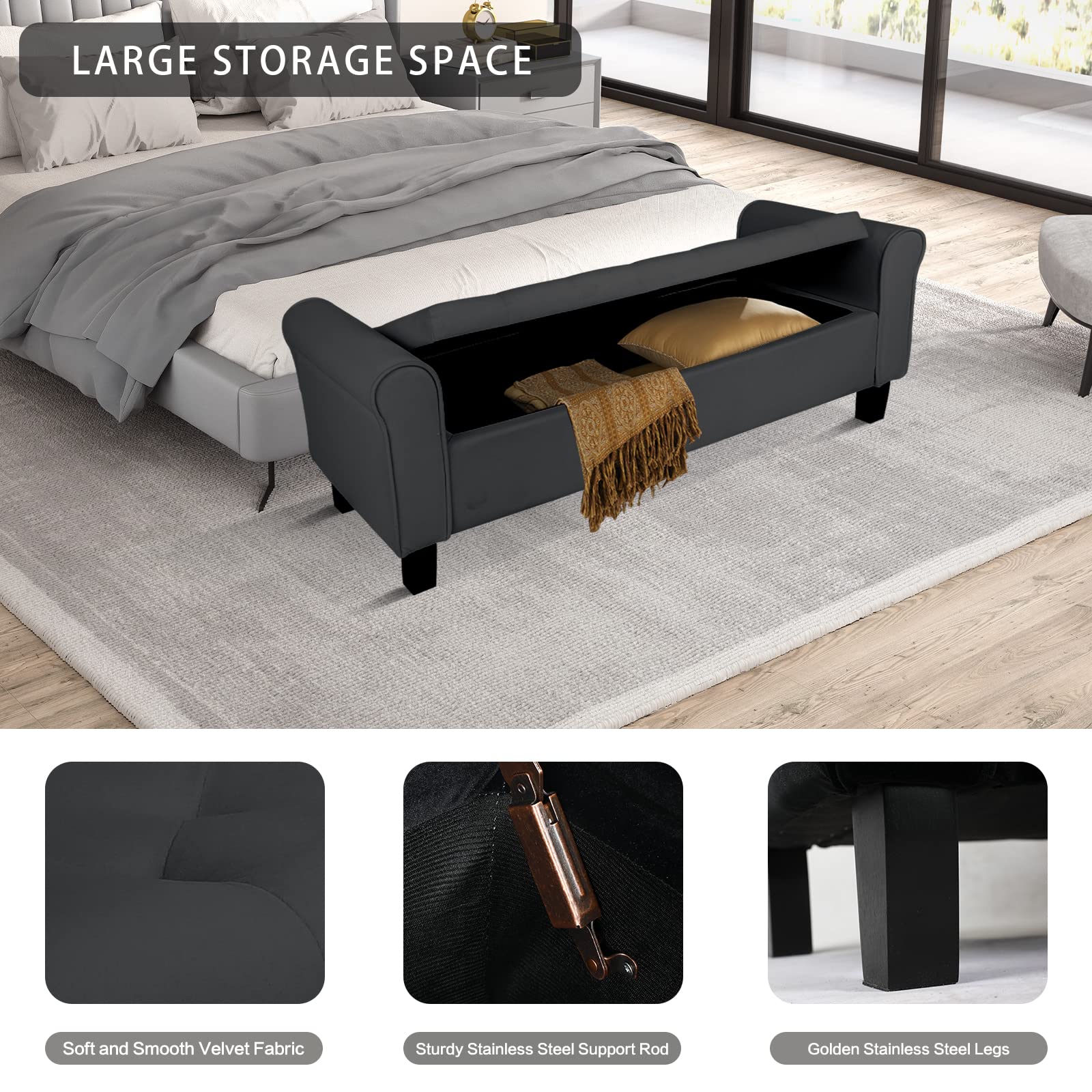 ECOMEX 52 Inch Storage Ottoman Bench - Velvet Upholstered Footstool with Hidden Storage | Rolled Arm Design for Bedroom, Living Room & Entryway | Multi-Functional Seat & Storage Solution (Black)