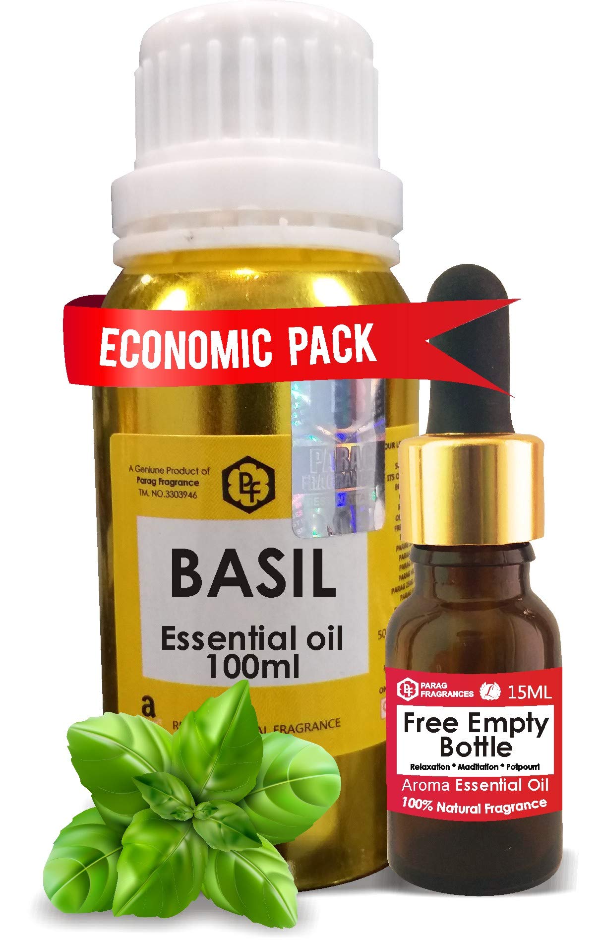 Parag Fragrances Basil Essential Oil 100ml - Pure Organic Steam Distilled for Aromatherapy, Relaxation & Meditation | Hair & Skin Care | Easy-Use Bottle Included | Perfect for Diffusers, Massage & Spa Treatments