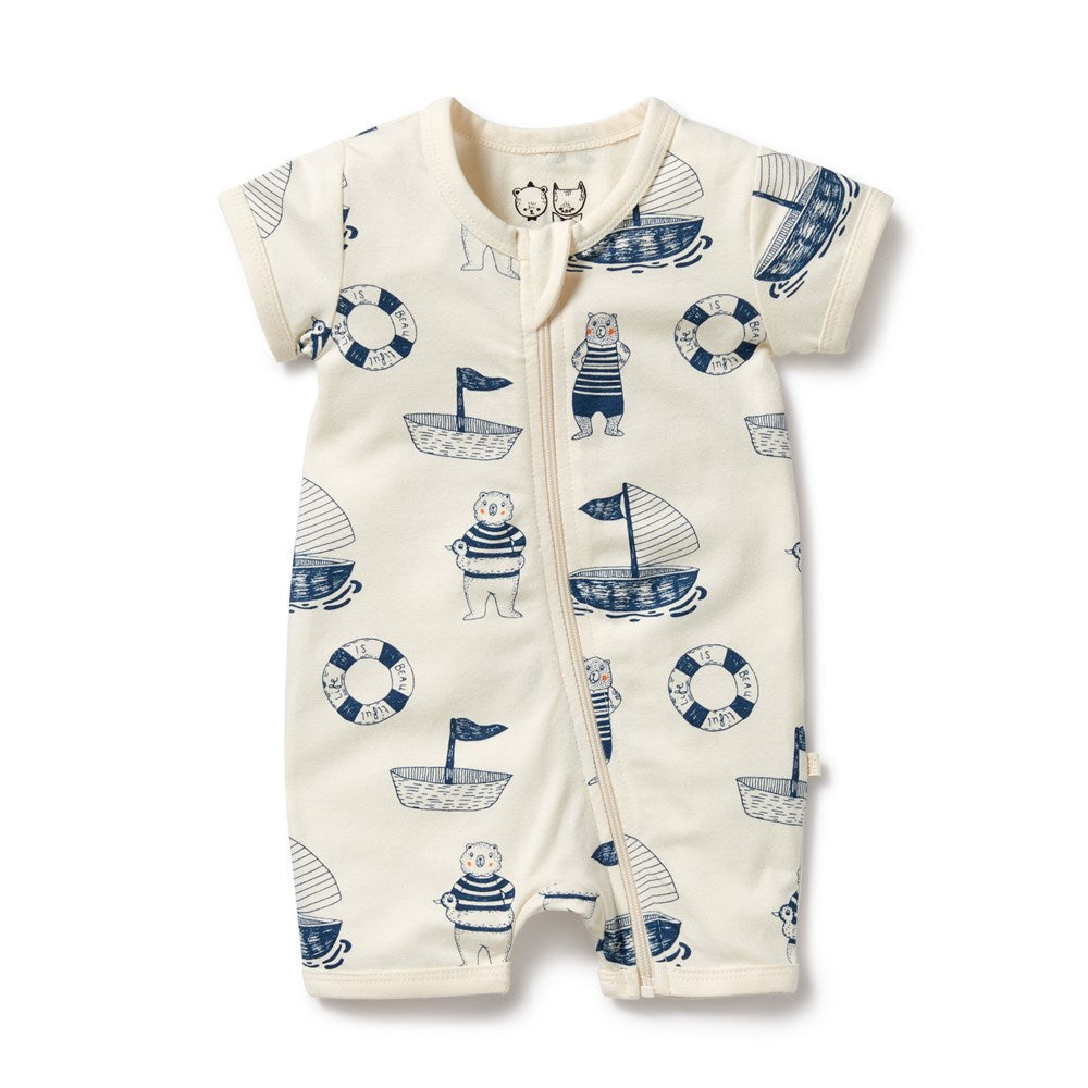 Nautical Bear Organic Cotton Boyleg Zipsuit for Baby Girls & Boys - Soft & Breathable One-Piece Pajamas for Cozy Sleep & Playtime