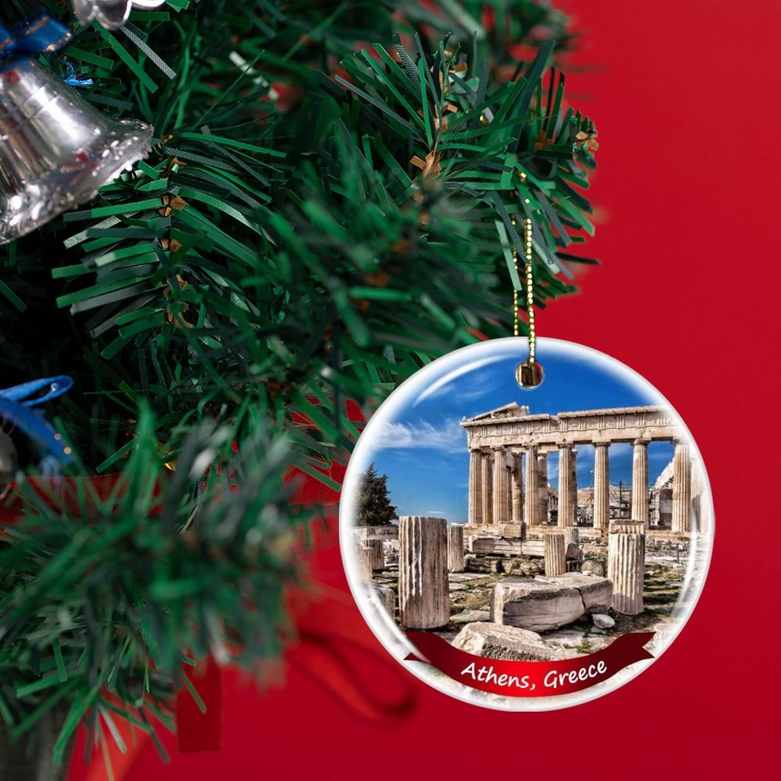 Athens Greece Christmas Ornament - 3 Inch Double-Sided Porcelain Ceramic Holiday Decoration for Tree, Gift & Home Decor | Fhdang Decor