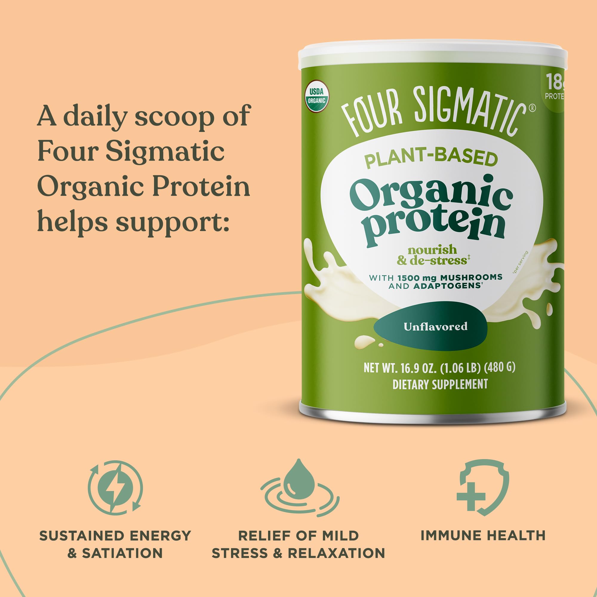 Four Sigmatic Organic Plant-Based Protein Powder - Unflavored Vegan Protein with Lion’s Mane, Chaga & Cordyceps Mushrooms | Brain Function & Immune Support Supplement | 16.9 oz | Ideal for Smoothies, Post-Workout Recovery & Healthy Meal Replacement