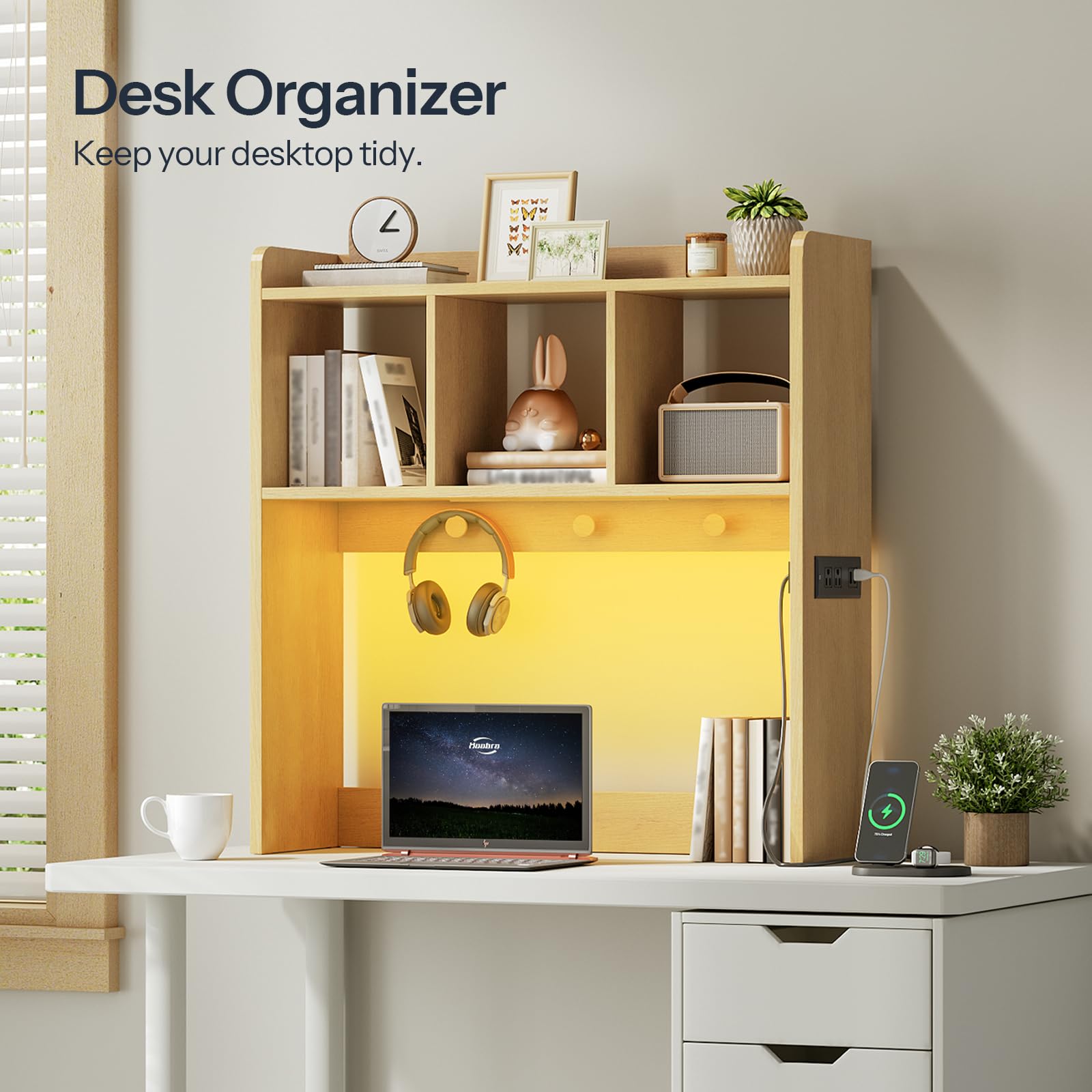 HOOBRO Wooden Desktop Bookshelf with LED Light Strip & 3 Hooks - Office Desk Organizer with Built-in Outlets - Perfect for Home Office, Study Room & Workspace Organization (Natural NL12UDSJ01)