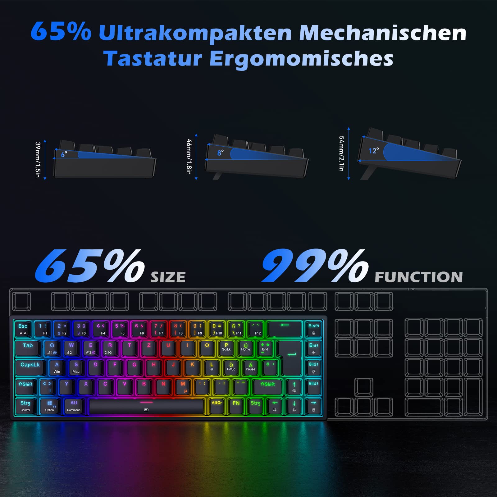 TECURS Wireless Mechanical Gaming Keyboard - RGB Backlit, 65% TKL Compact Design with Red Switches | German QWERTZ Layout for PC, PS4, PS5, Xbox One & Laptop | Perfect for Gaming, Office Work & Typing | Black