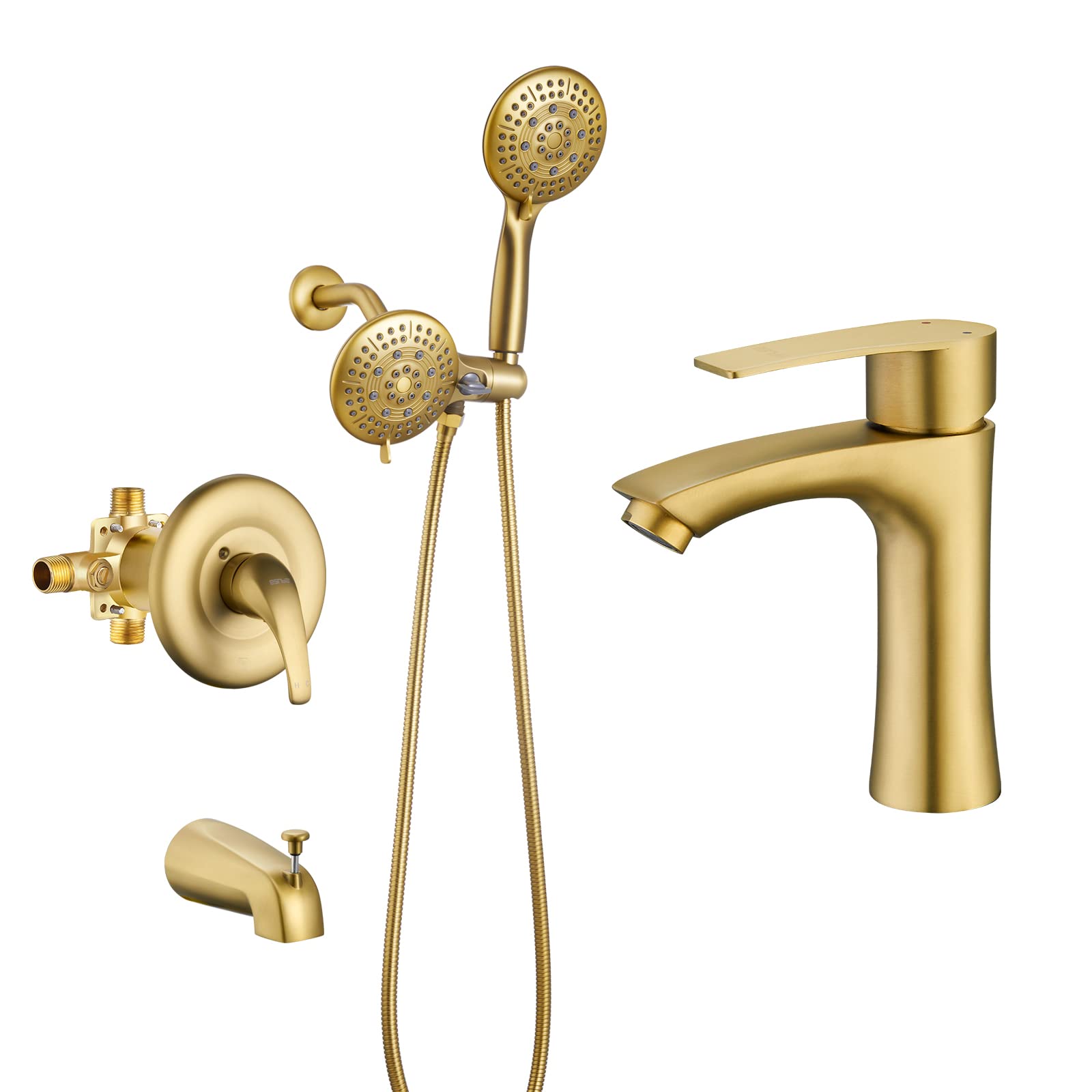 ESNBIA Brushed Gold Shower Tub Faucet Set & Stainless Steel Bathroom Sink Faucet - Complete Bathroom Fixture Kit for Modern Home Renovation (Perfect for Bathroom Remodeling, Spa-Like Shower Experience & Luxury Sink Upgrade)