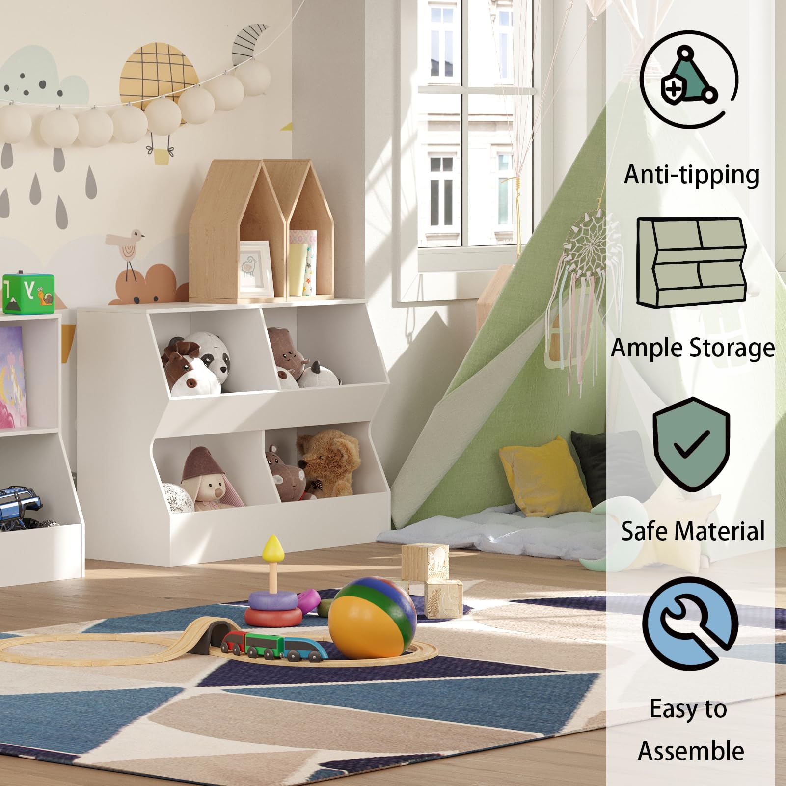 DINZI LVJ Kids Bookshelf & Toy Storage Organizer - 4 Cubby Wooden Bookcase for Children's Bedroom, Nursery, School - White 31.5