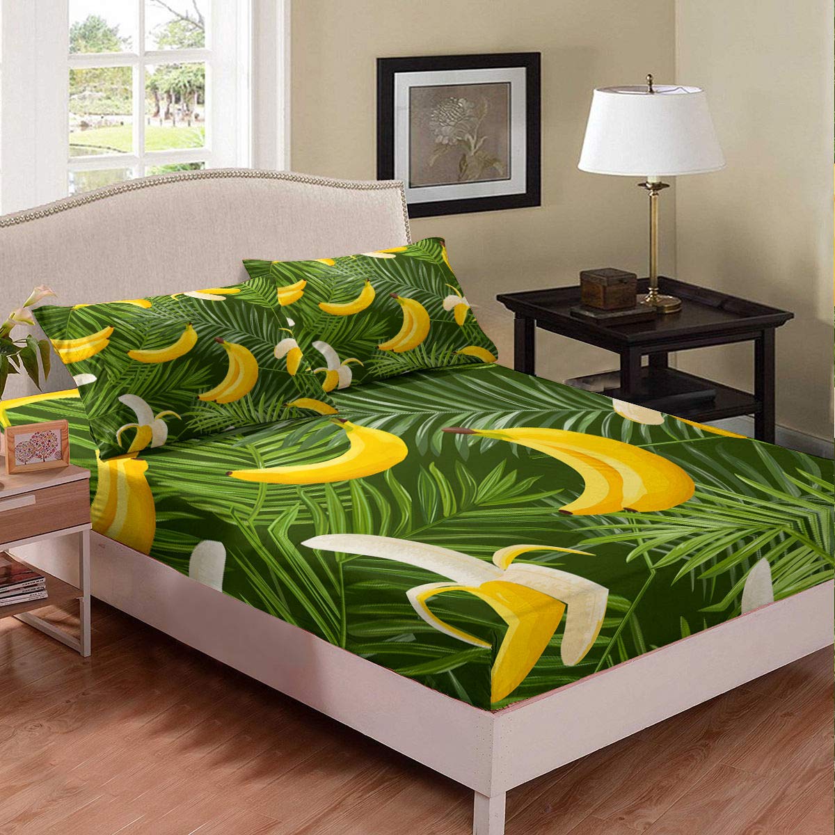 Banana Themed Bed Sheet Set for Kids - Tropical Fruit Print Bedding with Banana & Leaf Design - Green & Yellow Twin XL Fitted Sheet - Perfect for Children's Bedroom, Jungle Theme Nursery or Tropical Decor
