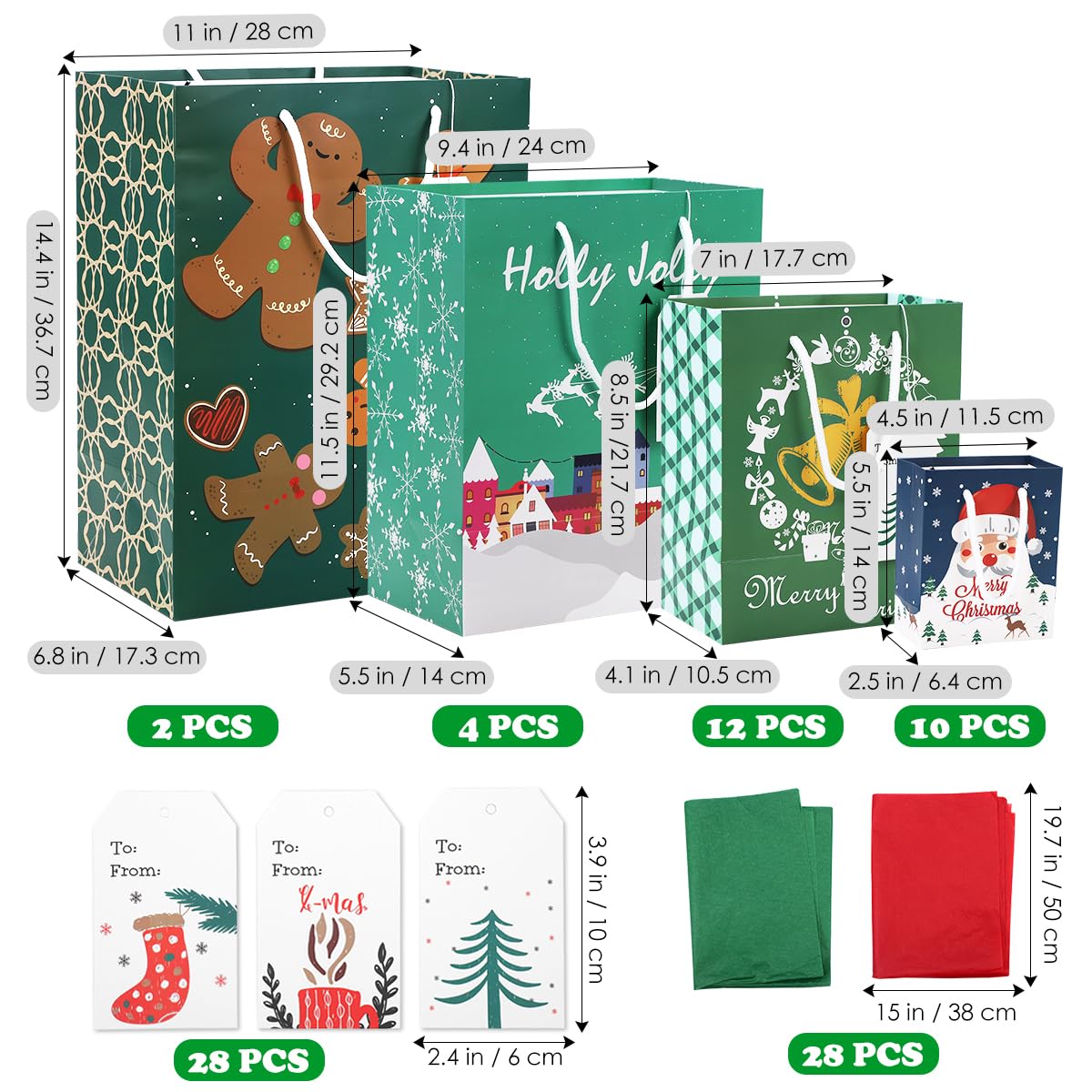 84-Piece Christmas Gift Bags Set with 28 Tissue Papers - 6 Styles Reusable Holiday Gift Bags with Handles (4 Designs) for Xmas Party Favors, Office Gifts & Festive Present Wrapping