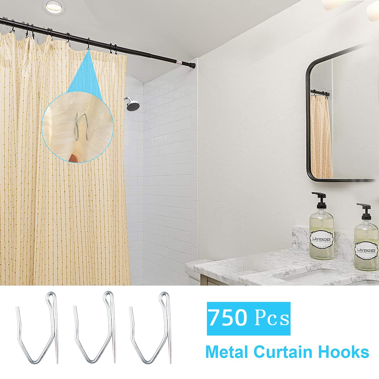 750Pcs Metal Curtain Hooks - Heavy Duty Drapery Hooks for Window, Shower & Door Curtains - Perfect for Home Decor, Bedroom, Bathroom & Living Room