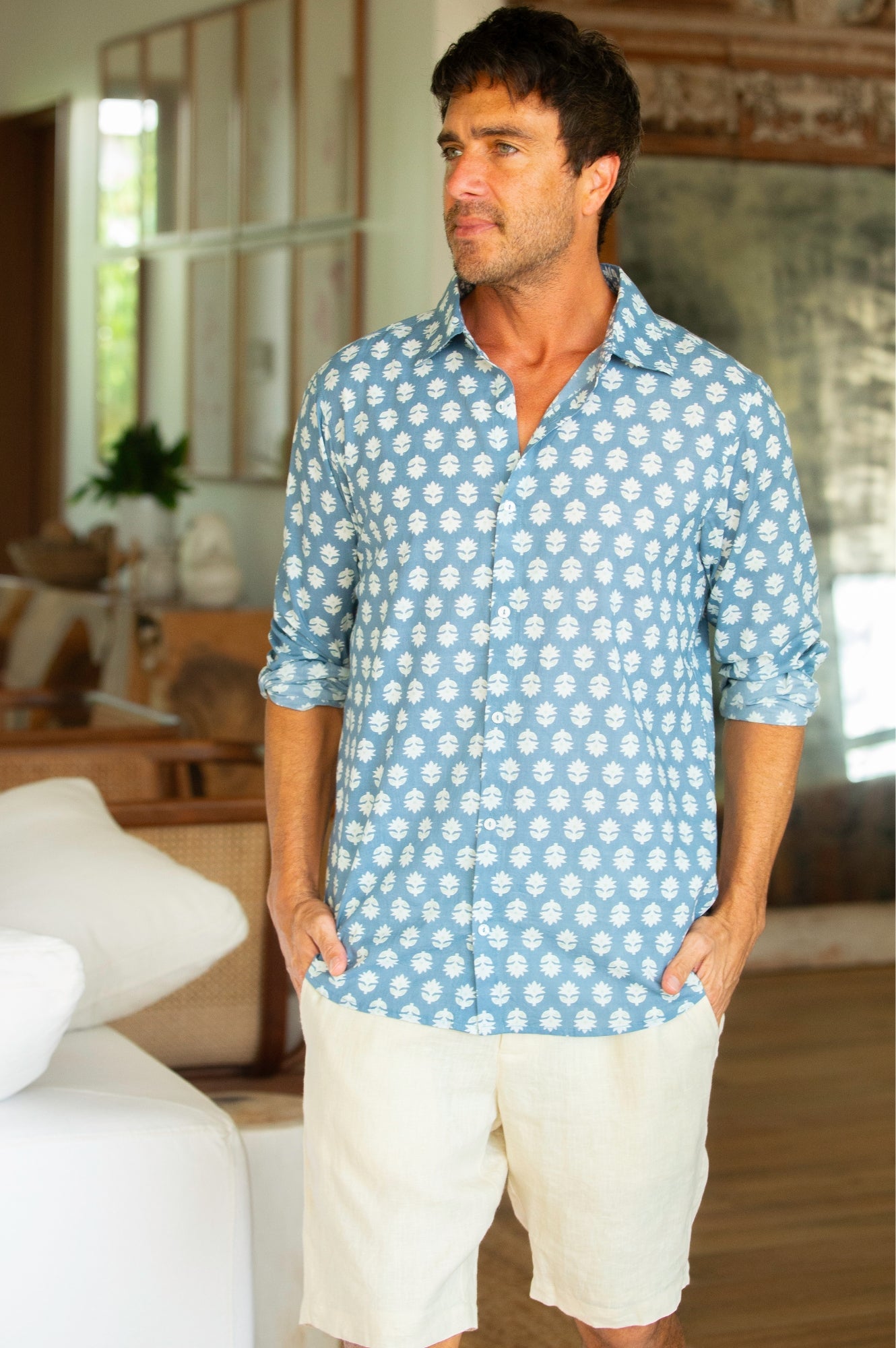 Organic Cotton Men's Shirt - Mini Sunflower Print in Grey & Mint Colors | Casual Wear, Summer Outfits, Beach Style
