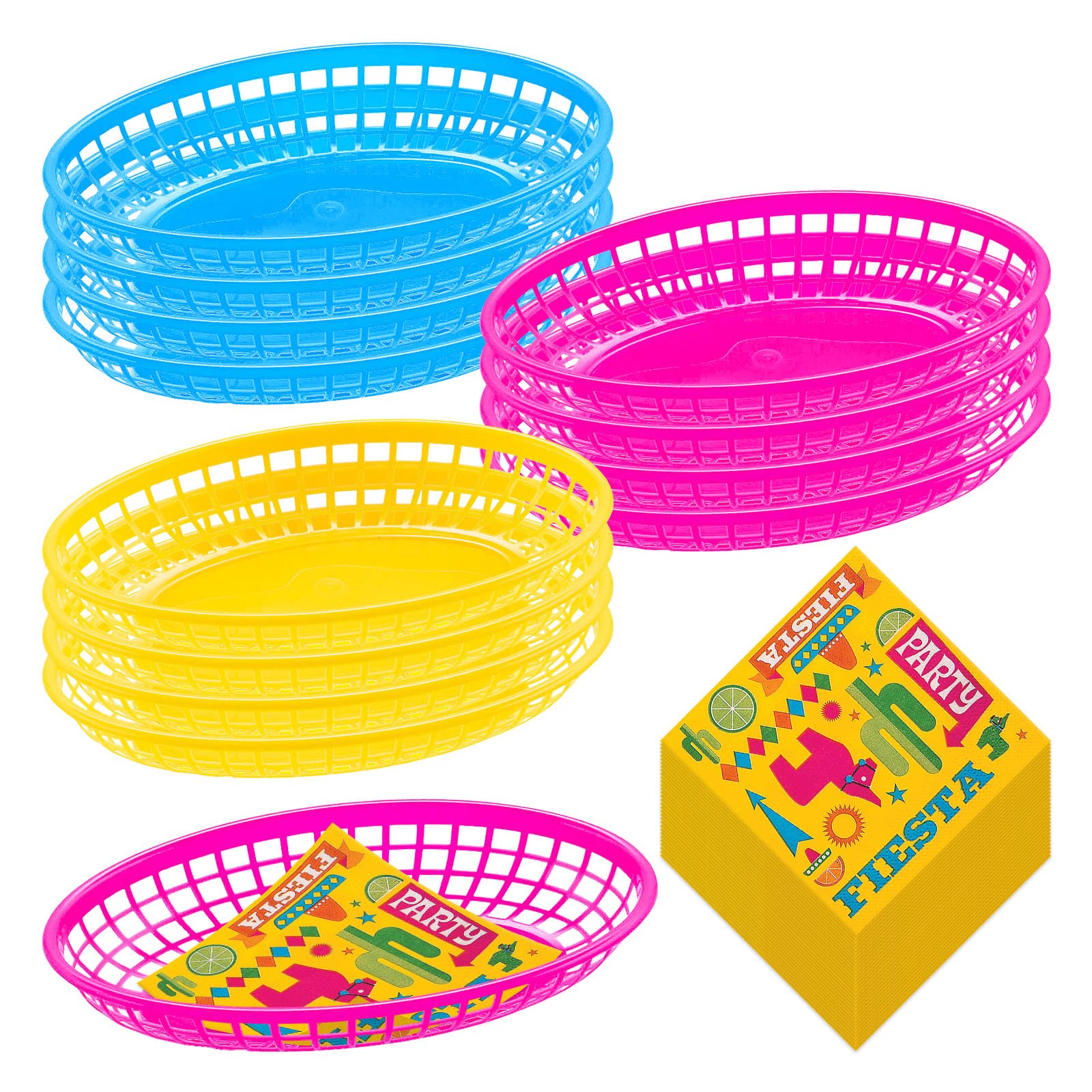 Colorful Fiesta Party Supplies - 12-Pack Plastic Food Trays & Beverage Napkins Set for Appetizers, Tacos, Chips - Perfect for Cinco de Mayo, Birthday Parties & Mexican Theme Events