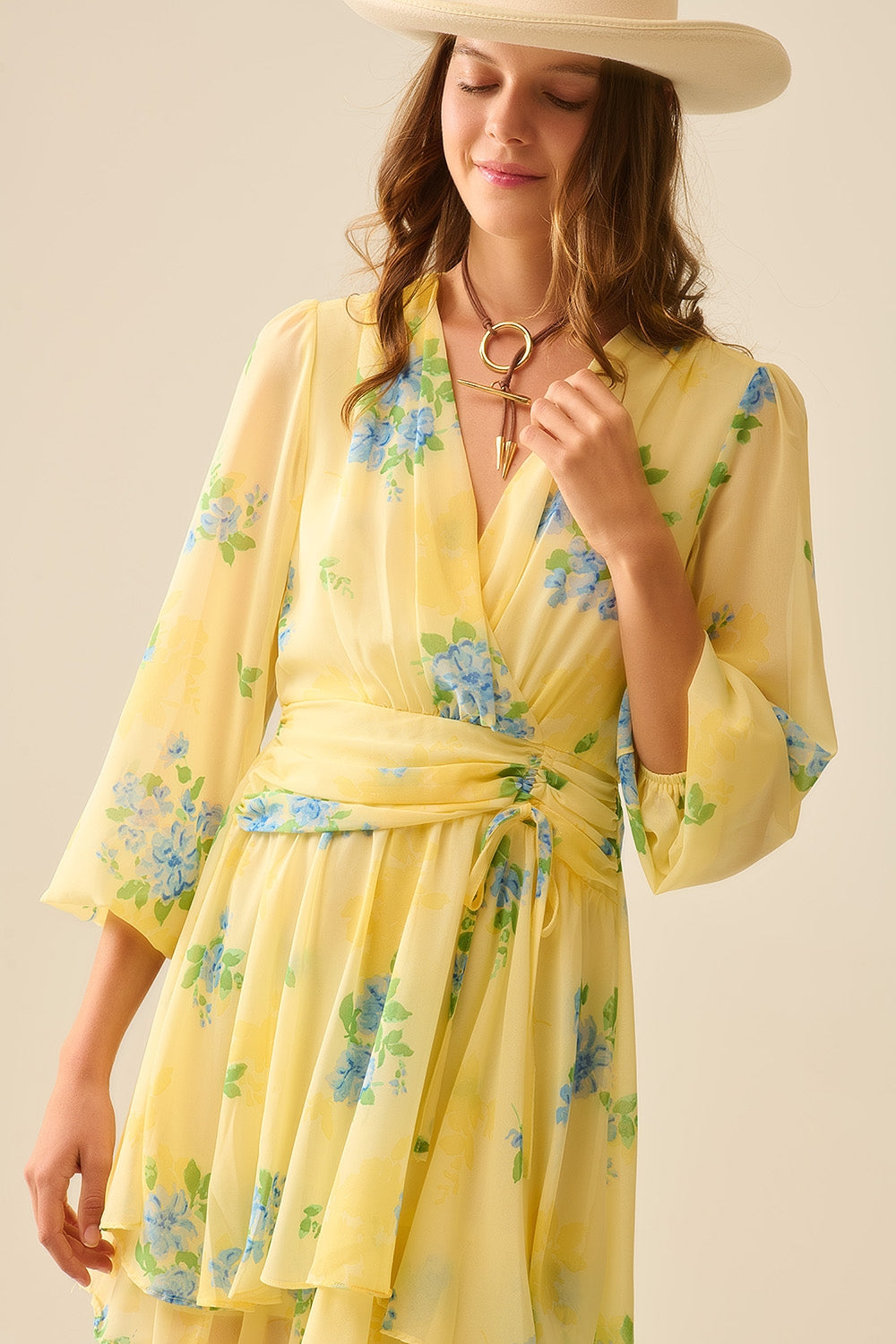 Butter Yellow Mini Floral Print Spring Robe with Ruffled Details - Perfect for Brunch, Beach Cover-Up, and Summer Weddings