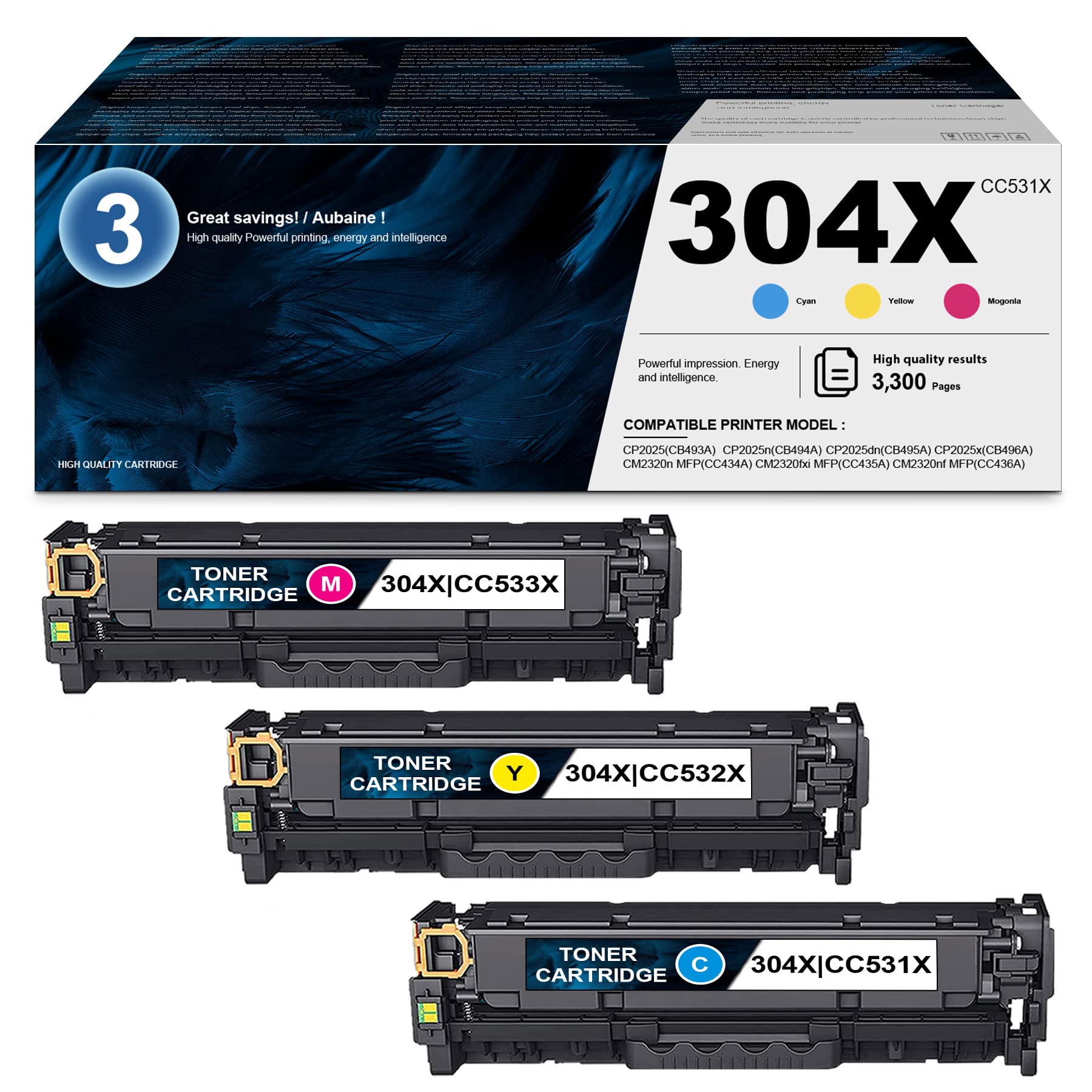 HSBHDAK High Yield Toner Cartridge Replacement (3-Pack) - Compatible with HP CP2025/CP2025n/CP2025dn/CP2025x & CM2320 Series Printers - 1 Cyan, 1 Magenta, 1 Yellow - Perfect for Office Printing & High Volume Document Production