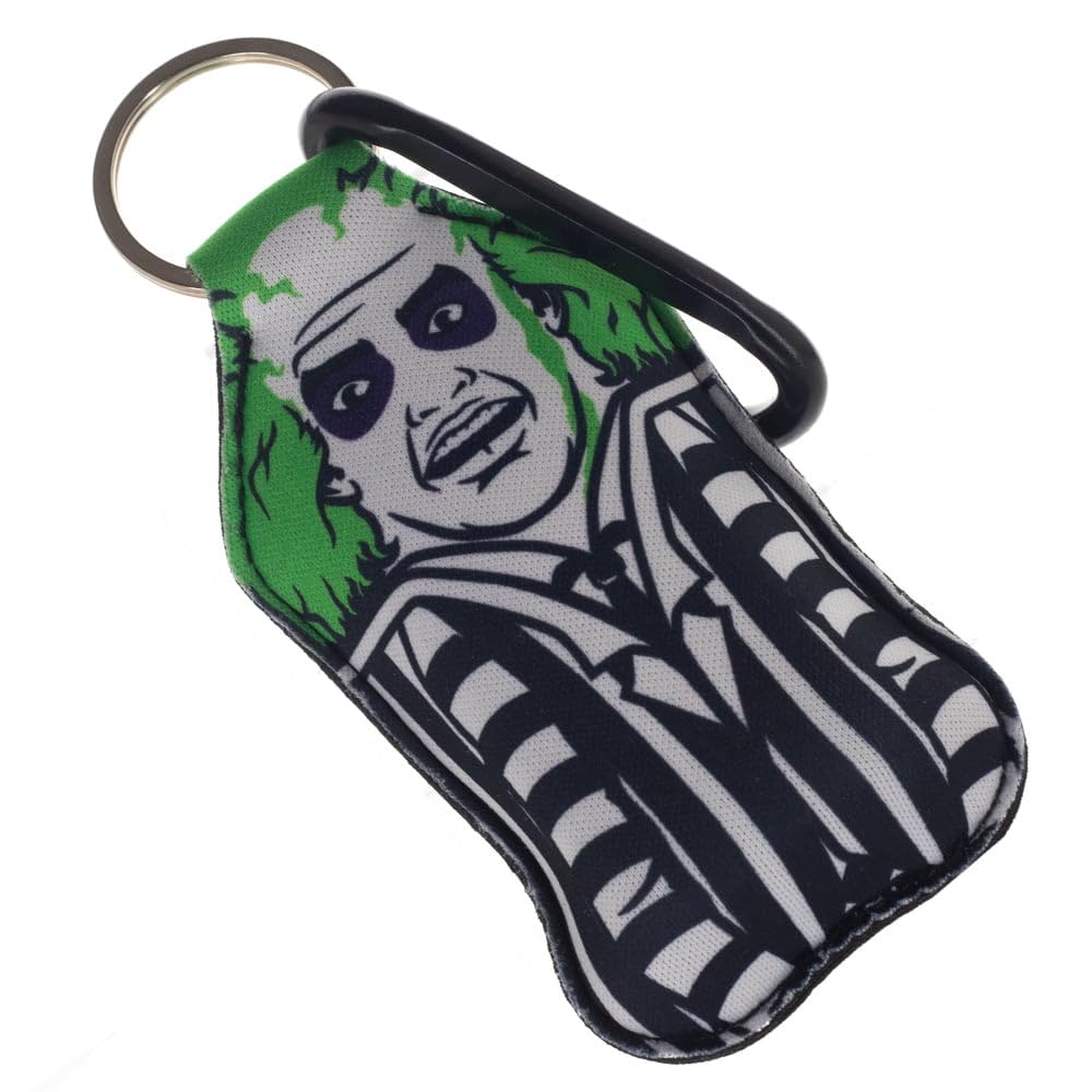 Beetlejuice Keychain with Hand Sanitizer Holder - Portable Sanitizer Clip for Keys, Bags & Travel Accessories - Perfect for Halloween, Cosplay & Movie Fans