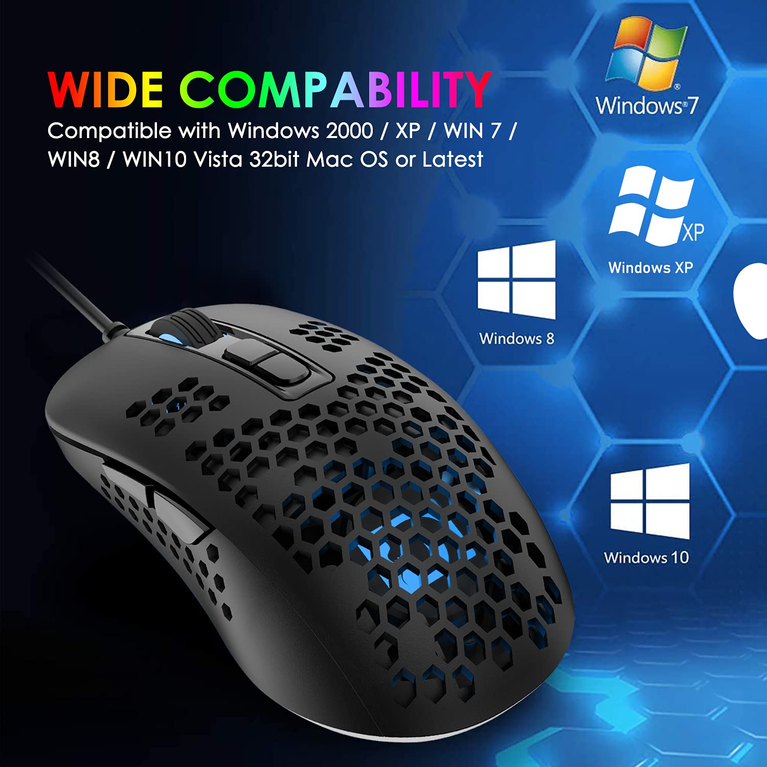 Lightweight Wired Gaming Mouse with RGB Backlit, 2400 DPI Adjustable Optical Sensor, Ergonomic Honeycomb Shell Design for PC Laptop - Perfect for FPS, MOBA Games & Office Work (Windows/Linux Compatible)