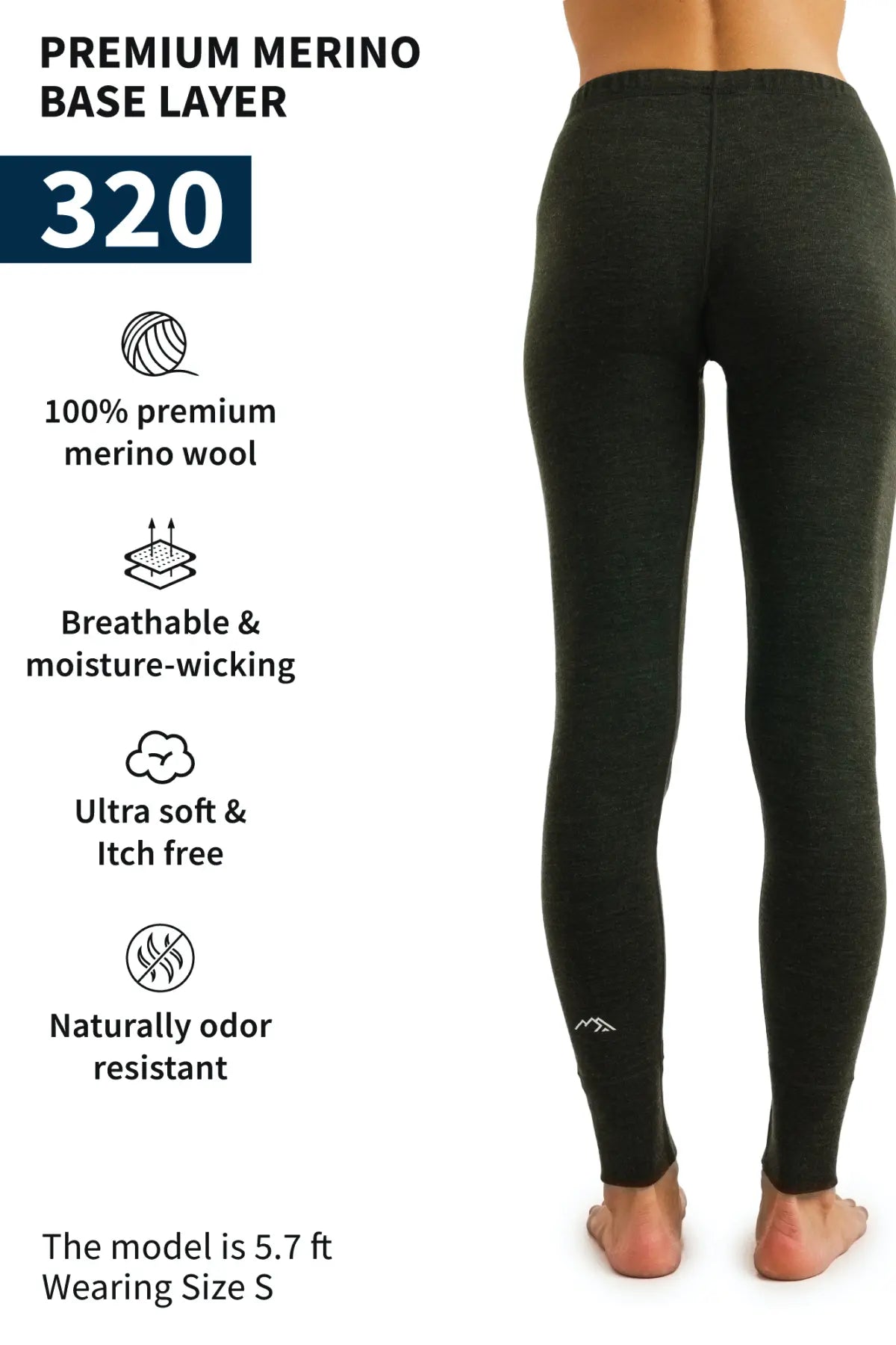 Women's Merino Wool Pants 320 - Army Green Thermal Base Layer for Hiking, Skiing & Winter Outdoor Activities