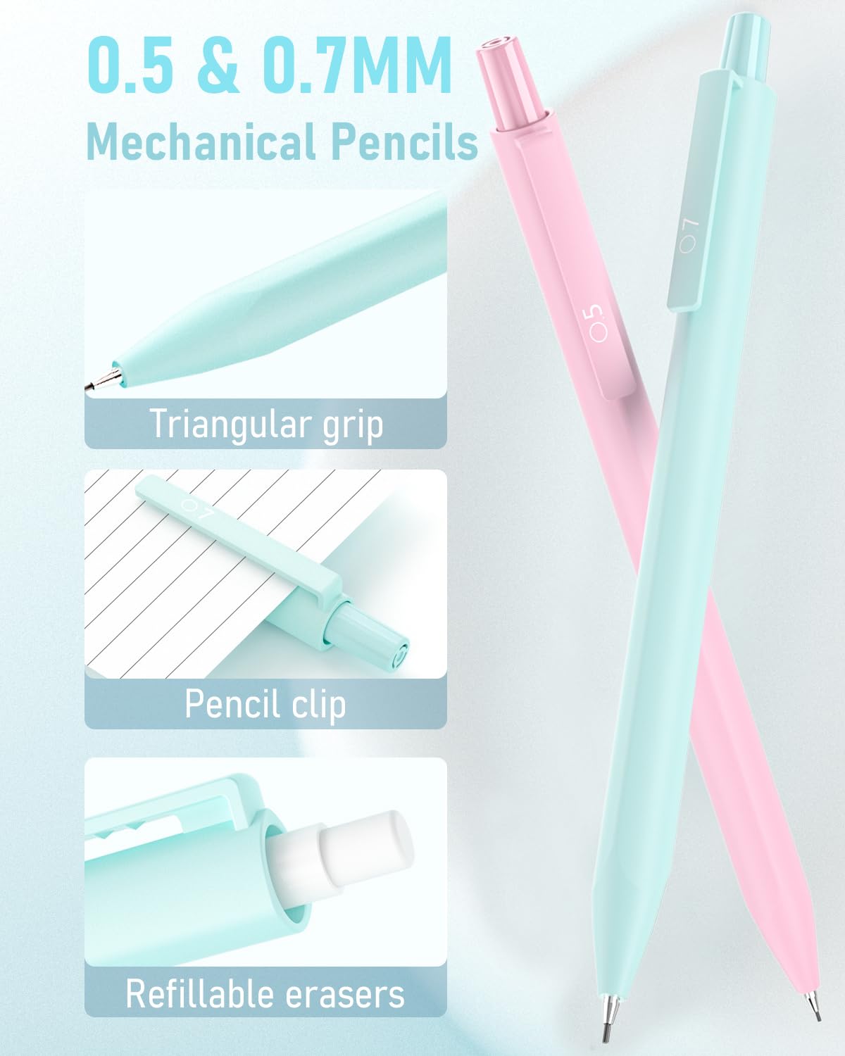 12-Piece 0.5mm & 0.7mm Mechanical Pencil Set with Case - Pastel Colored Drafting Pencils Includes 720 HB Lead Refills & 3 Erasers - Perfect for School, Office, Art Sketching & Technical Drawing