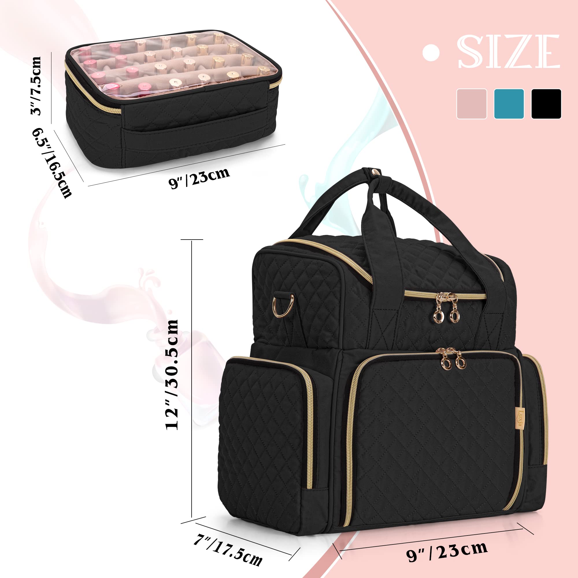 LUXJA 48 Bottle Nail Polish Organizer with Nail Lamp - Portable Nail Art Storage Case with 2 Removable Bags & Tool Pockets (Black) - Perfect for Salon Professionals & At-Home Manicures