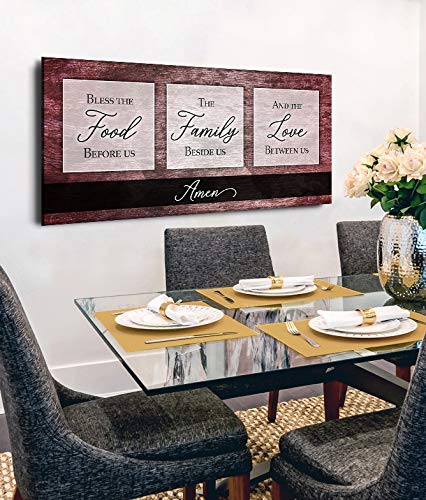 Framed Kitchen Wall Art Sign - Bless the Food V2 (Red Wine) 60x27 Inch - Rustic Dining Room Decor for Farmhouse & Modern Homes - Perfect for Kitchens, Dining Areas & Entryways