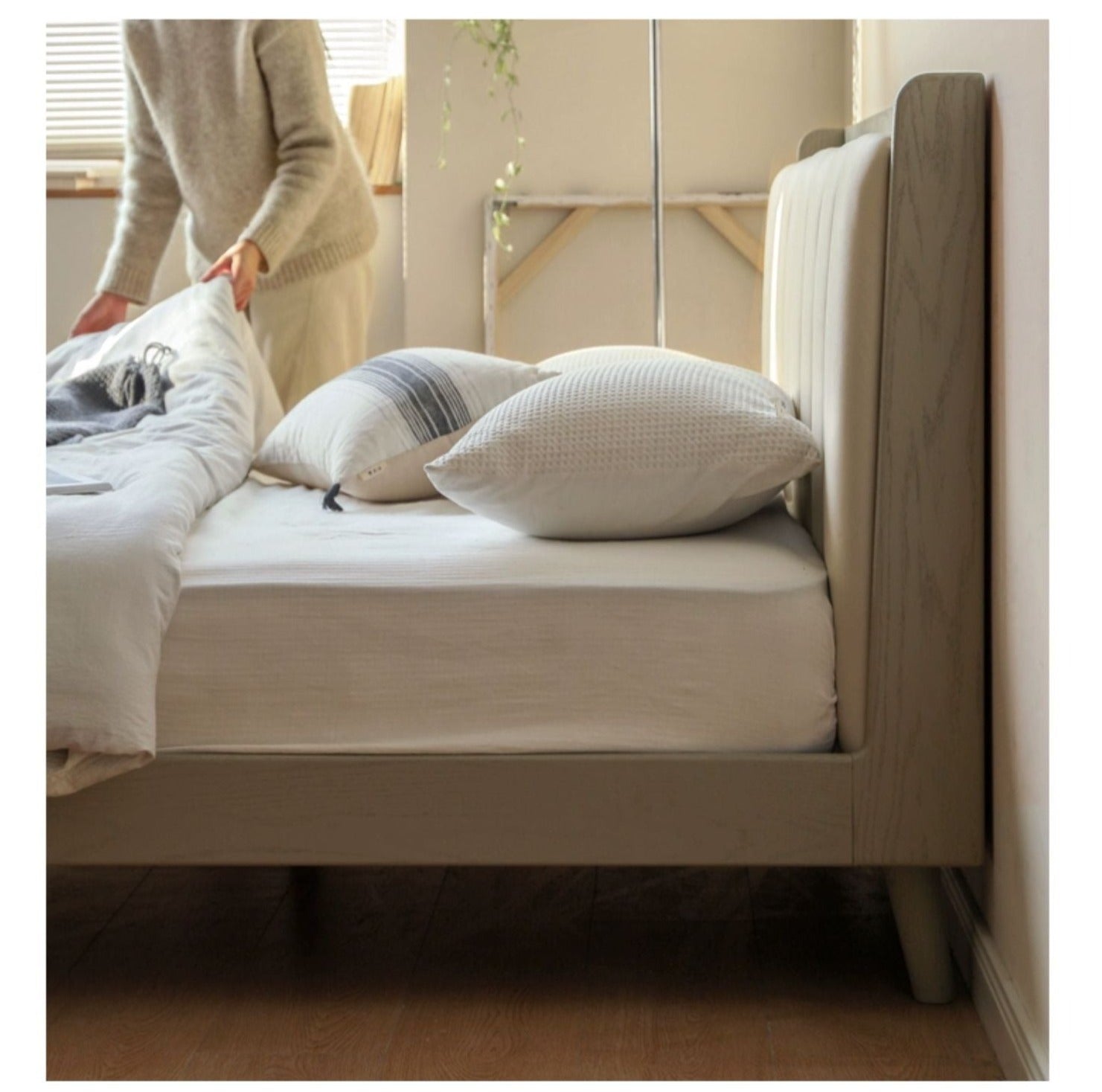 Premium Oak Solid Wood Piano Key Bed Frame with High-Tech Fabric Upholstery – Perfect for Modern Bedrooms, Guest Rooms & Luxury Home Decor