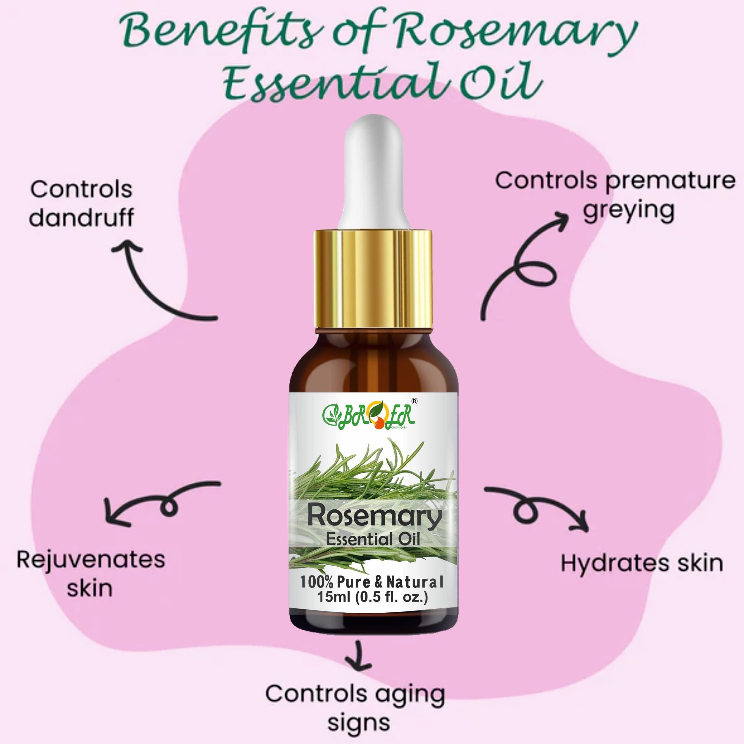 BROER 100% Pure Rosemary Essential Oil for Hair Growth & Skin Moisturizing - Natural, Undiluted, Refreshing Aromatherapy Oil (2-Pack, 30ml) - Perfect for DIY Hair Care, Scalp Massage & Relaxation