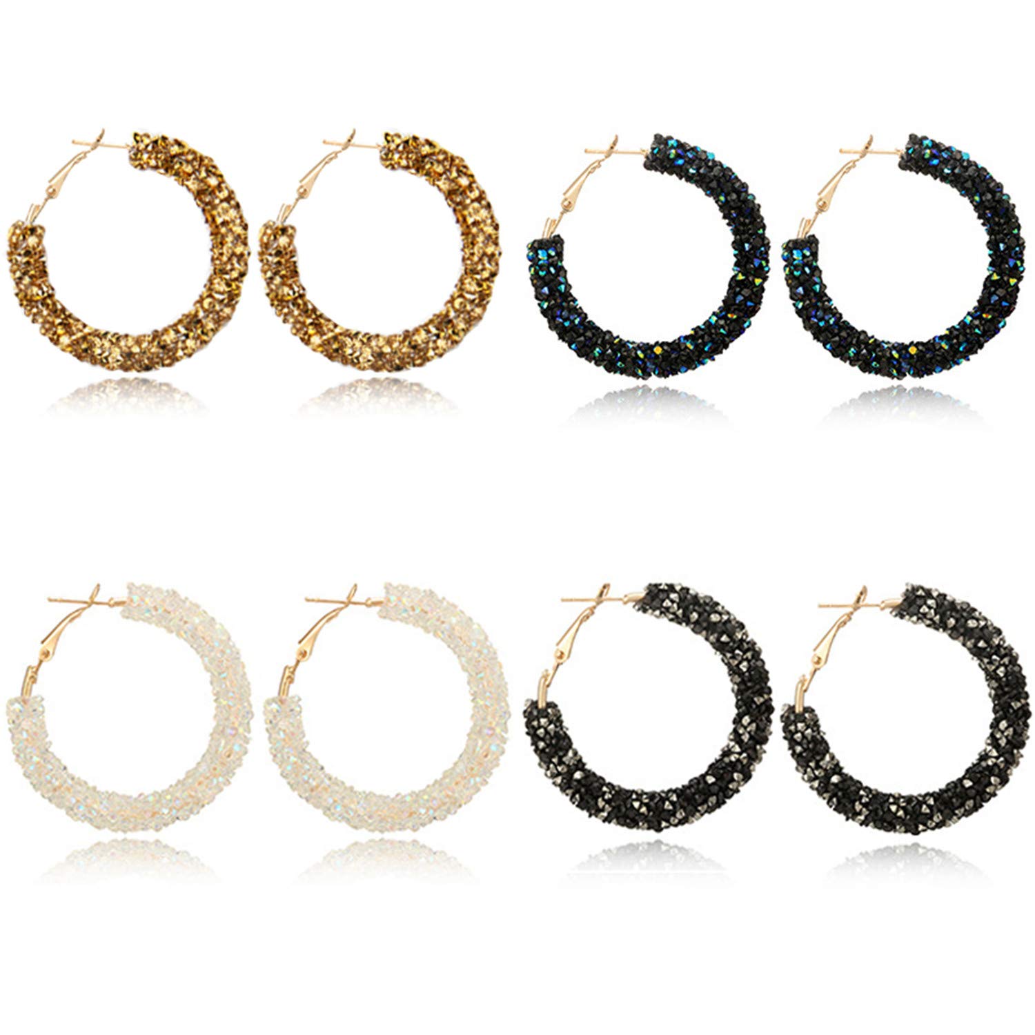 DAMLENG 4 Pairs Bohemian Sparkly Crystal Hoop Earrings - Glitter Resin Rhinestone Wrapped Big Hoop Dangle Earrings for Women & Girls - Circle Jewelry Sets for Party, Wedding, Date Night & Special Occasions