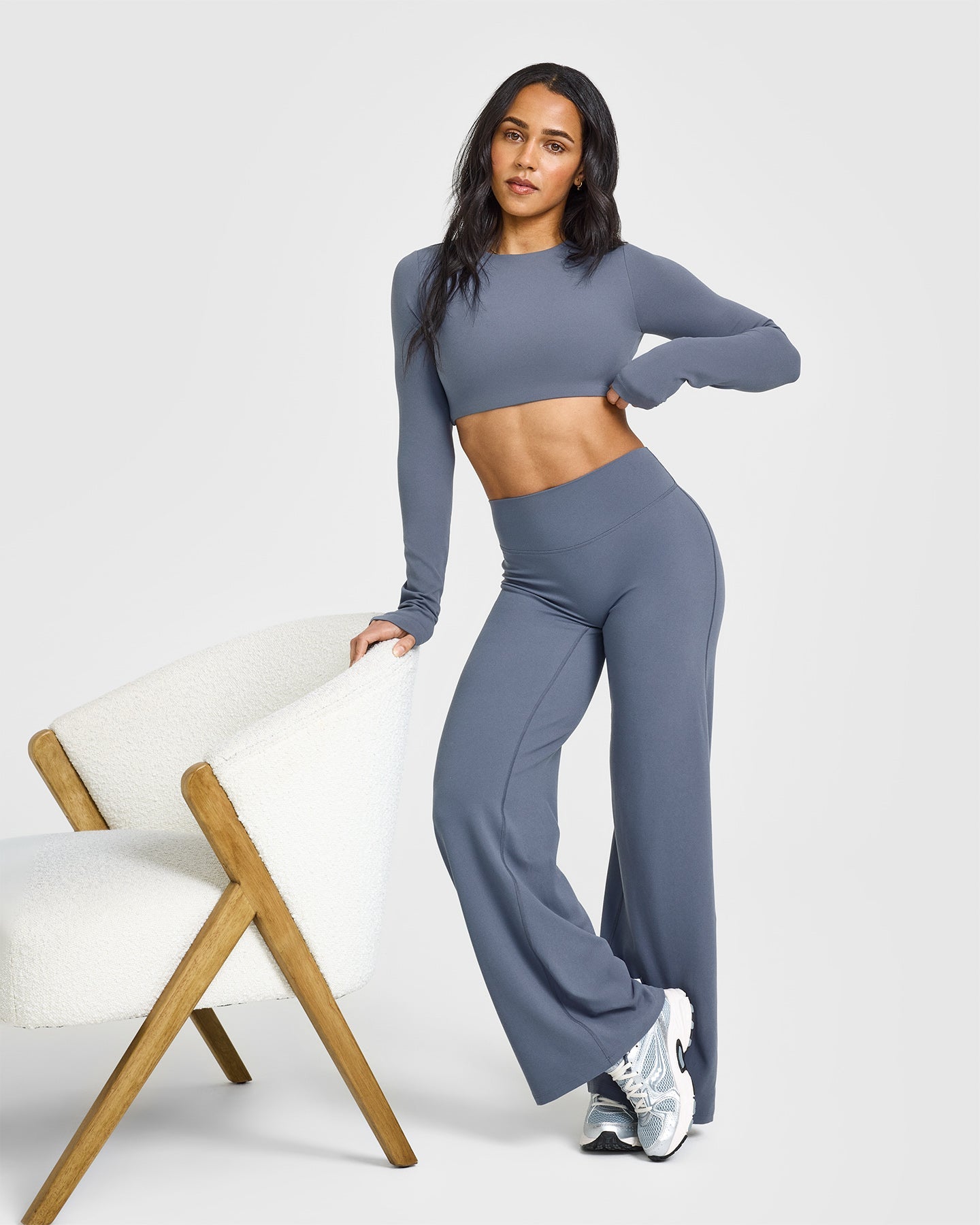 SoftMotion™ Long Sleeve Crop Top for Women - Stretchy Comfort Fit Yoga Shirt in Granite Blue | Perfect for Workouts, Yoga & Casual Wear