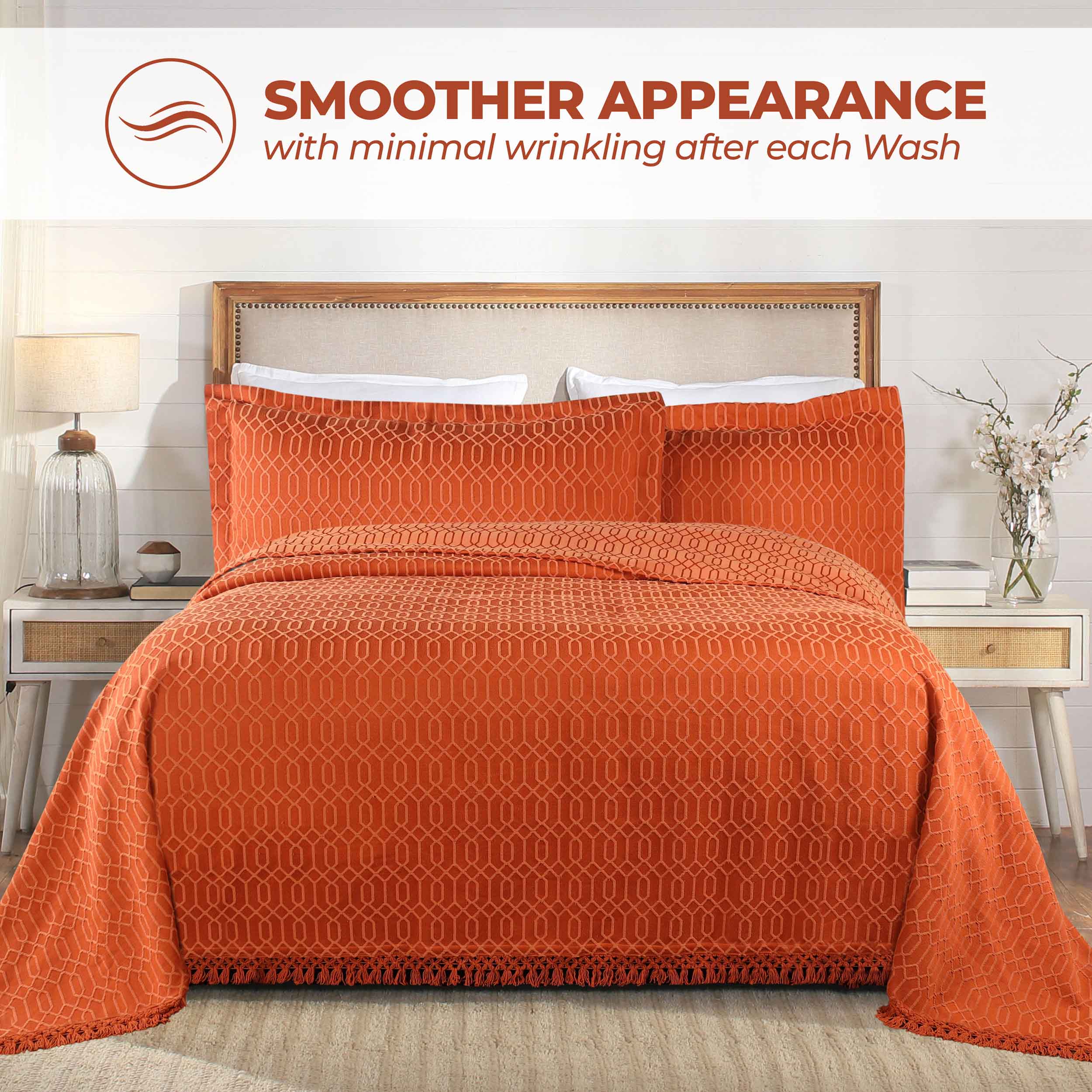 Remi Cotton Blend Jacquard Woven Geometric Fringe Bedspread Set - Queen Size Bohemian Style Bed Cover for Master Bedroom & Guest Room Decor