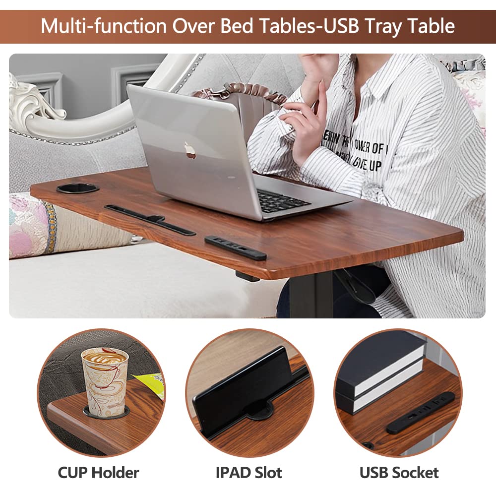 Adjustable Overbed Table with Wheels & USB Port - Hospital Bed Table, Pneumatic Height Adjustable for Home & Medical Use - Walnut & Marble White Finish - Perfect for Eating, Working, Reading in Bed or Recovery
