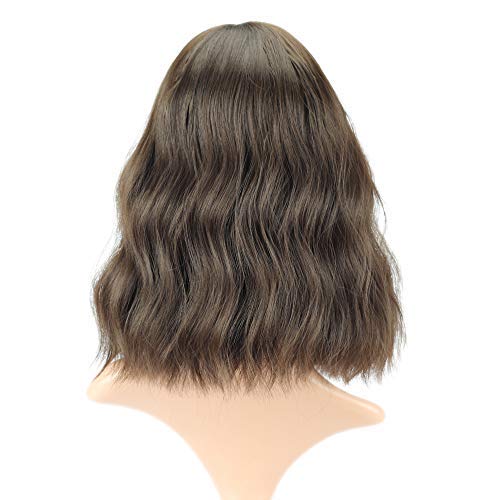 FAELBATY Short Brown Wigs with Bangs - Shoulder Length Synthetic Curly Wavy Wig for Women & Girls - Natural Black Dark Brown Mix (12