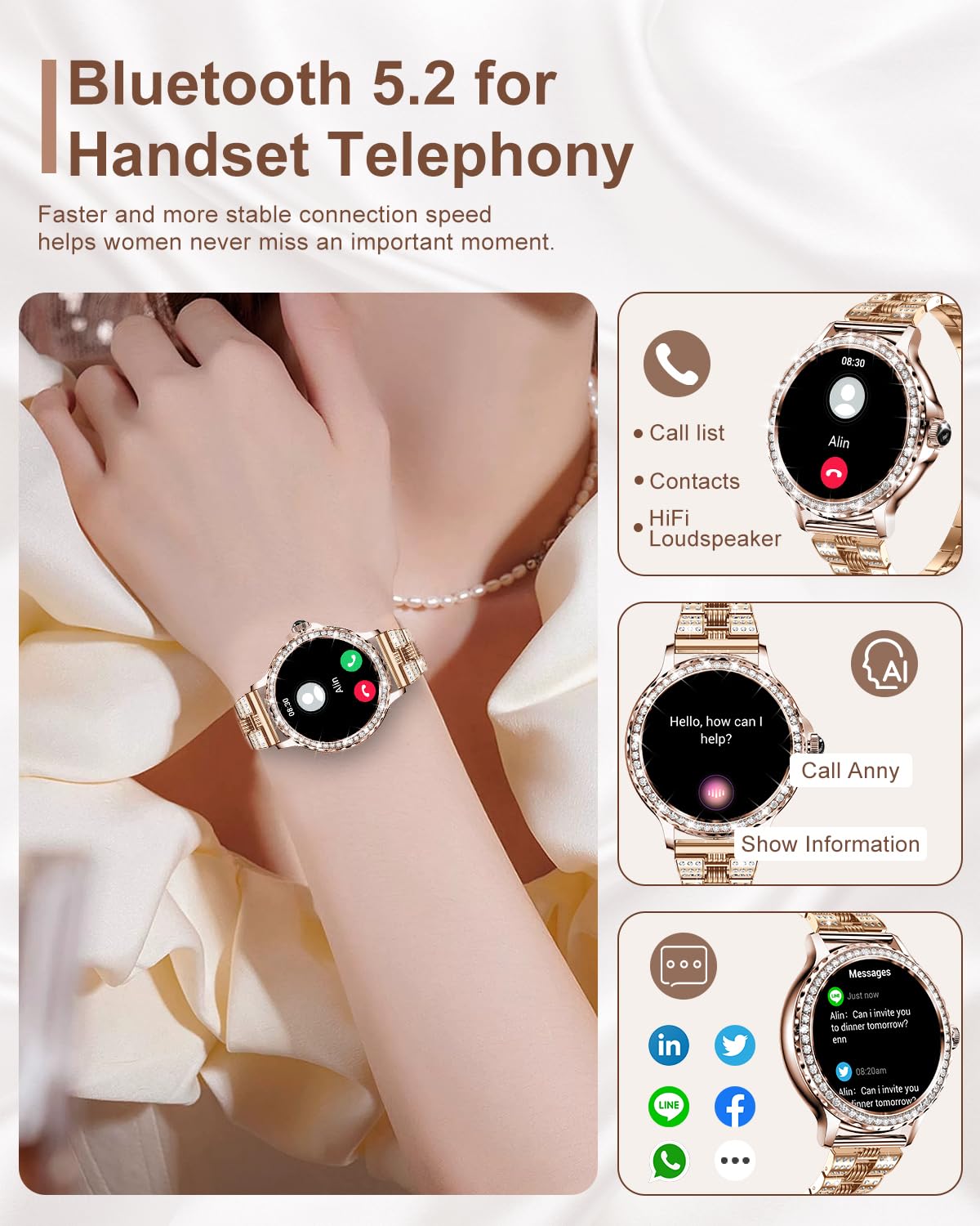 Elegant Smart Watches for Women with Diamonds - 1.3” HD Touchscreen, Bluetooth Call Function, IP68 Waterproof Fitness Tracker Compatible with Android & iOS - Perfect for Workouts, Swimming & Everyday Fashion
