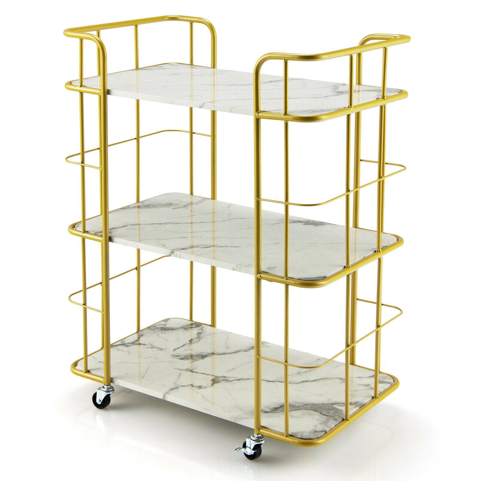 3-Tier Rolling Kitchen Cart with Lockable Wheels - Gold Utility Storage Cart for Kitchen, Bar & Serving | Space-Saving Organizer for Small Kitchens, Pantries & Dining Areas