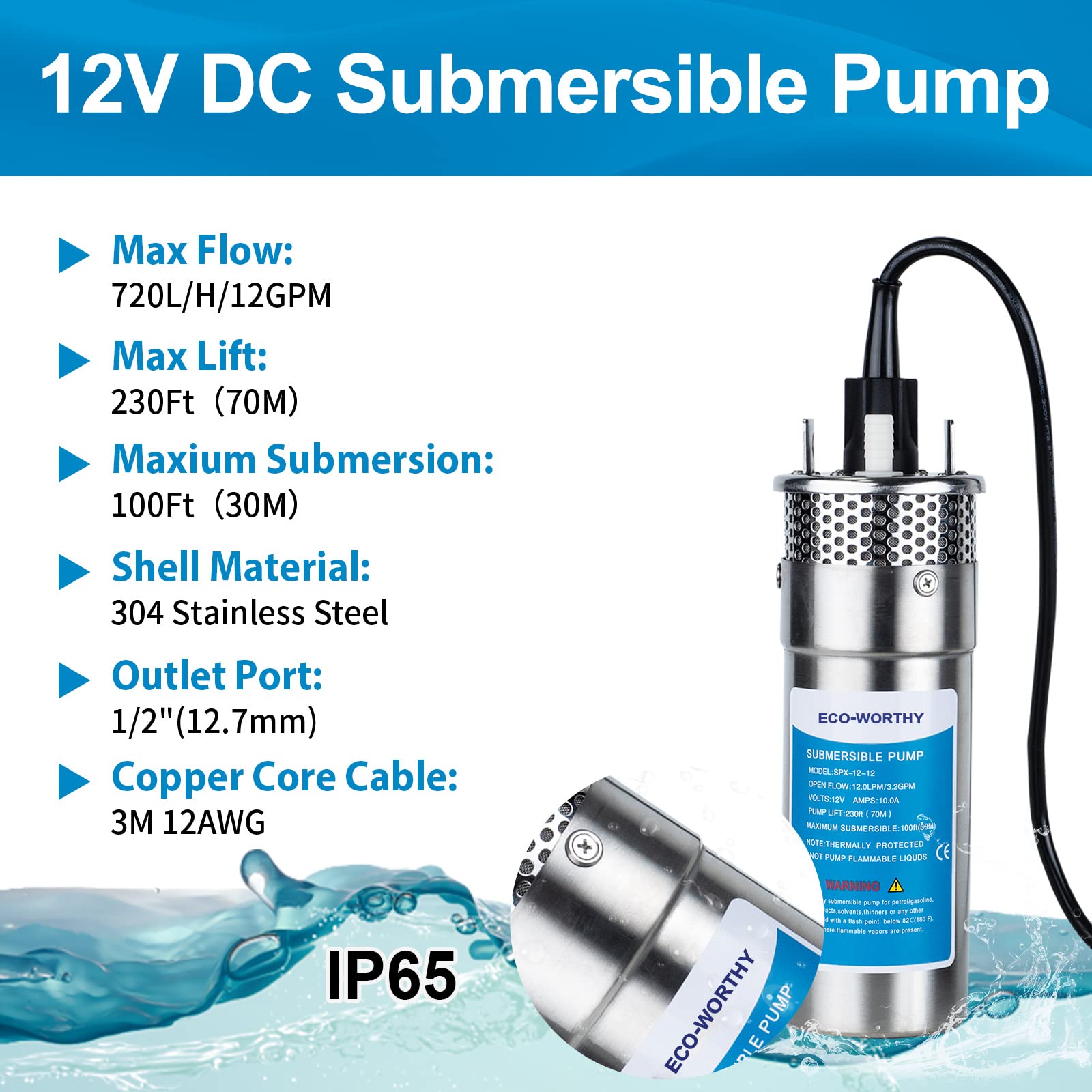 ECO-WORTHY 12V DC Submersible Deep Well Water Pump - 3.2GPM Flow Rate, 230ft Max Head, Solar/Battery Powered - Ideal for Wells, Livestock Watering, Irrigation & Tank Filling | Perfect for Off-Grid Homes, Farms & Emergency Water Supply
