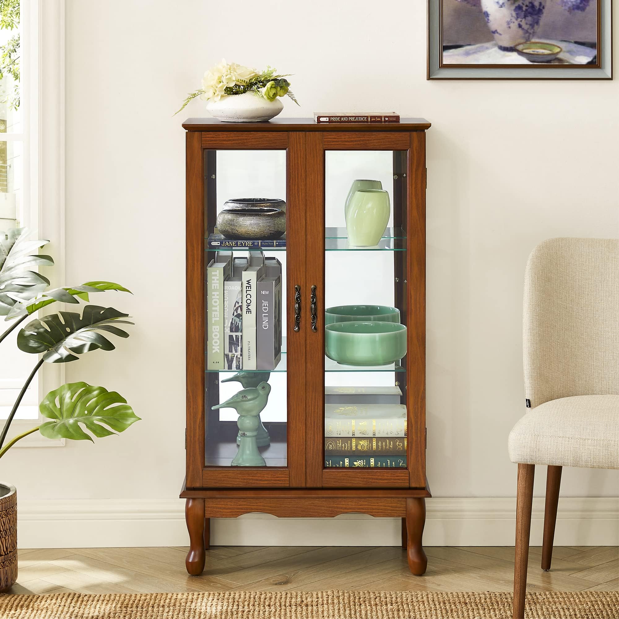 Tuscan Wall Curio Display Cabinet with Adjustable Shelves & Mirrored Back - 3-Tier Oak Storage Cabinet with Tempered Glass Doors (E26 Light Bulb Not Included) - Perfect for Living Room Decor, Dining Room Display & Collectible Showcase