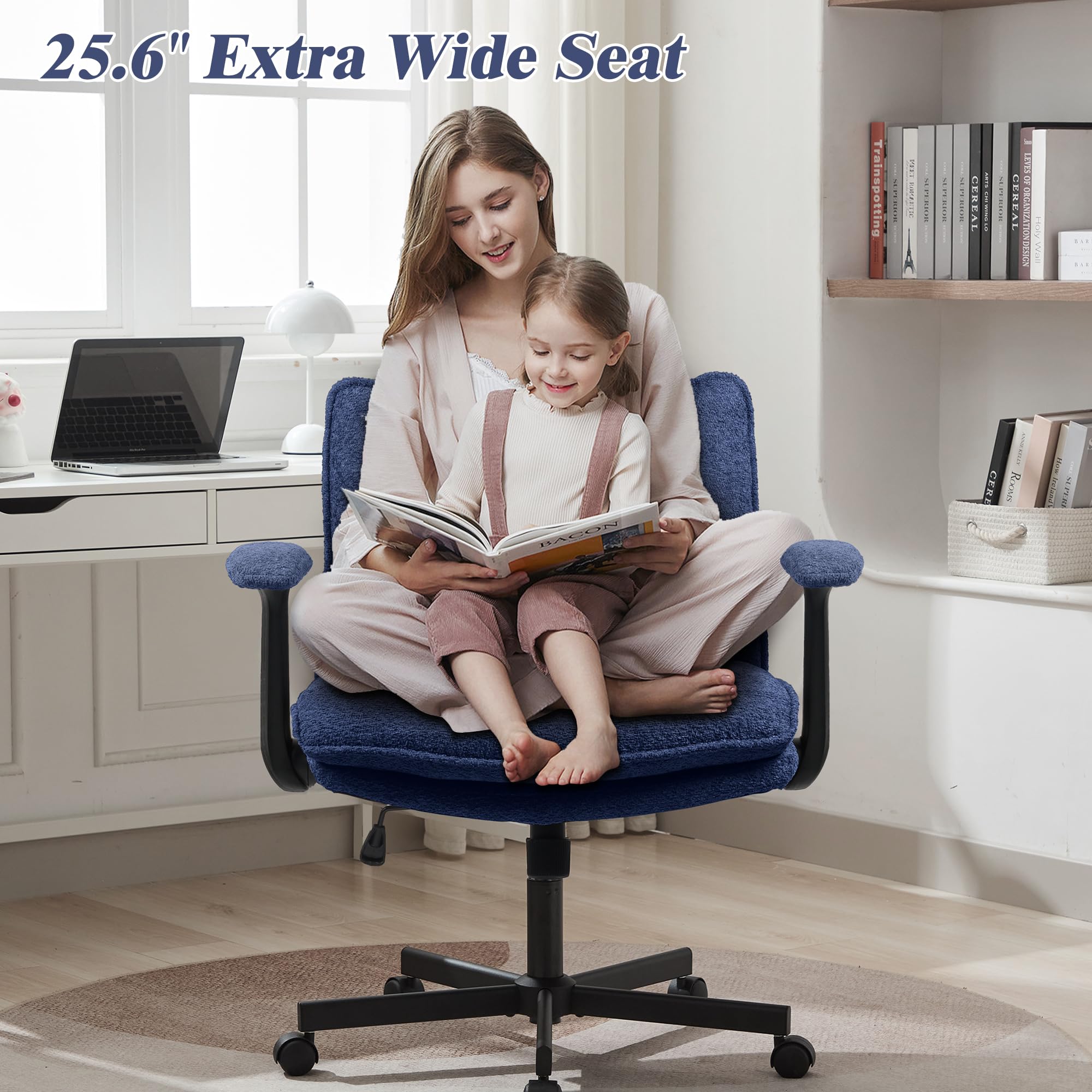 Ergonomic Cross Legged Office Chair with Wheels - Adjustable Flip-Up Armrests & Wide Seat - Navy Blue Upholstered Desk Chair for Home Office, Vanity, Apartment - Perfect for Meditation, Reading & Computer Work
