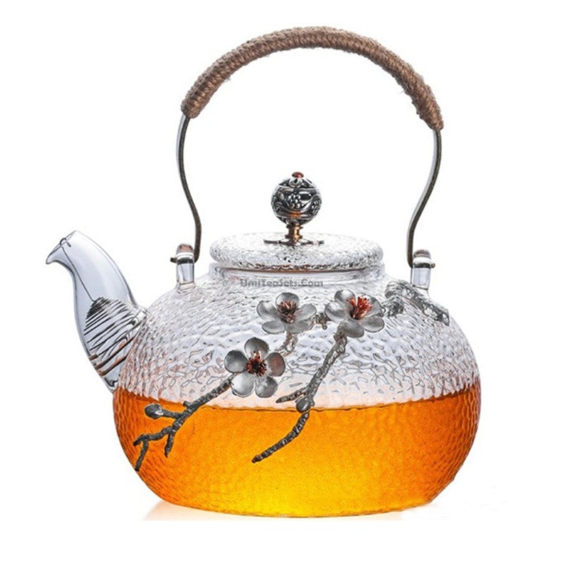 Premium Glass Teapot with Tin Plum Design - Elegant Tea Brewing Pot for Loose Leaf Tea, Herbal Tea & Blooming Tea - Perfect for Home, Office & Gift Giving