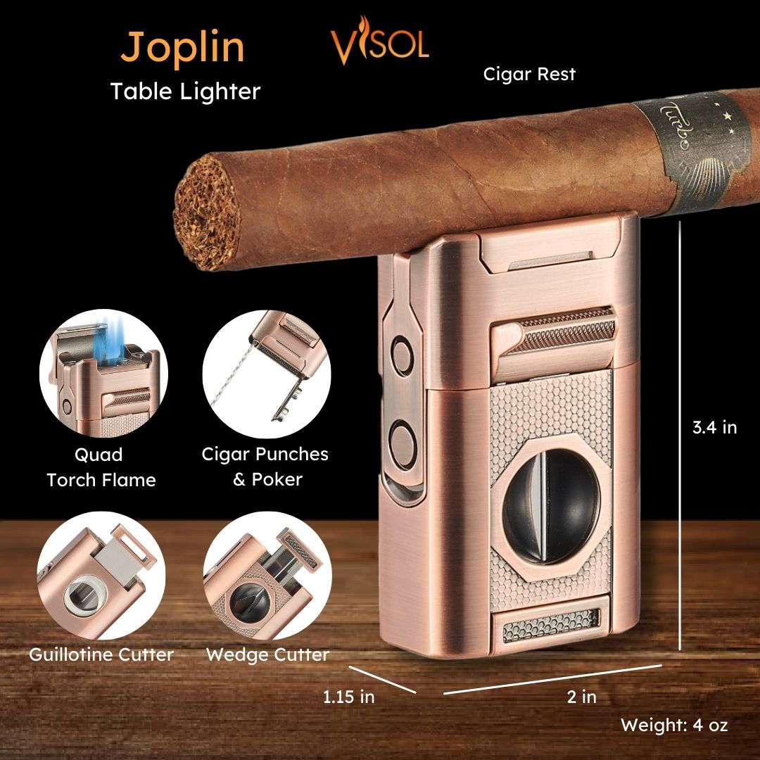 Visol Joplin Quad Torch Flame Lighter - Windproof Butane Lighter for Cigars, Candles & Outdoor Use (Bronze Finish) - Perfect for Camping, BBQ & Survival Kits