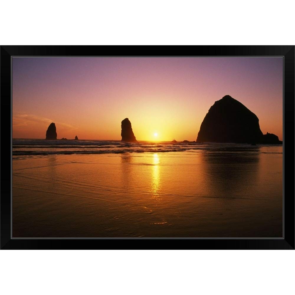 Sunset At Cannon Beach Oregon Coast - Black Framed Wall Art Print | Oregon Landscape Painting for Home & Office Decor | Perfect for Living Room, Bedroom or Office Wall