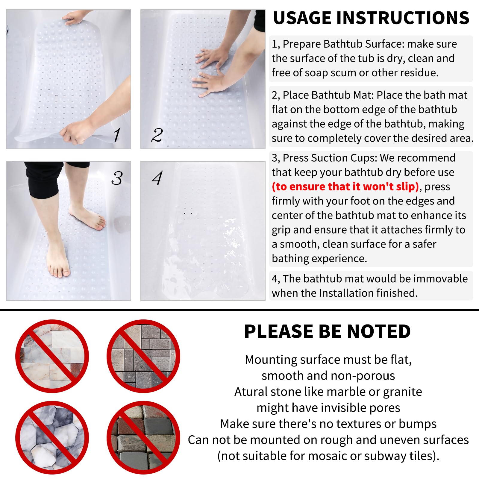 Yimobra Non-Slip Shower Mat for Bathtub - 40 x 16 Inch Phthalate & Latex Free Bath Mat with Strong Suction Cups & Drain Holes - Machine Washable Clear Tub Floor Mat for Bathroom Safety - Perfect for Elderly, Kids & Wet Areas