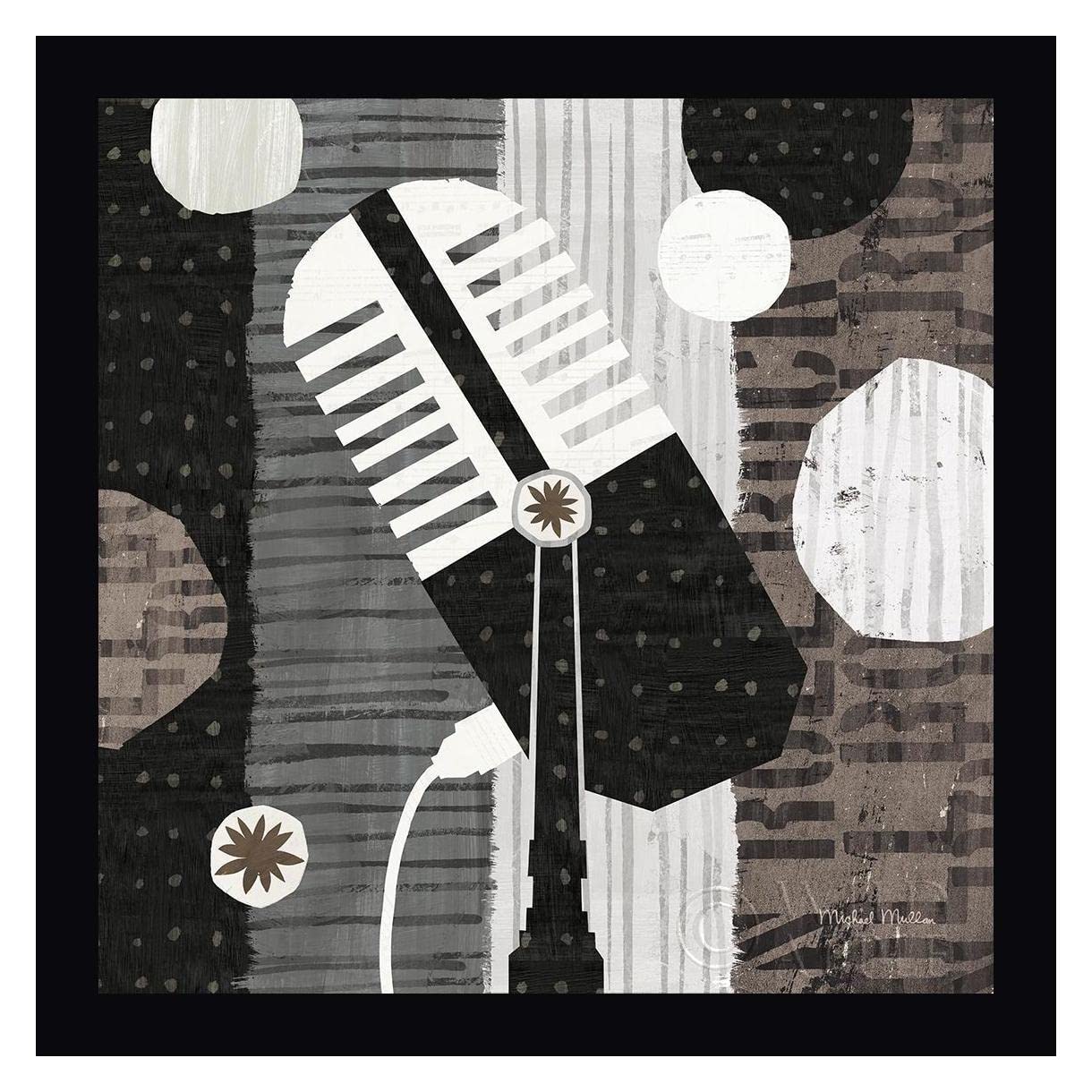 Michael Mullan Rock N Roll Mic Neutral 20x20 Inch Framed Canvas Art Print - Black Frame - Ready to Hang Wall Decor for Music Lovers, Home Studio, Bar & Office