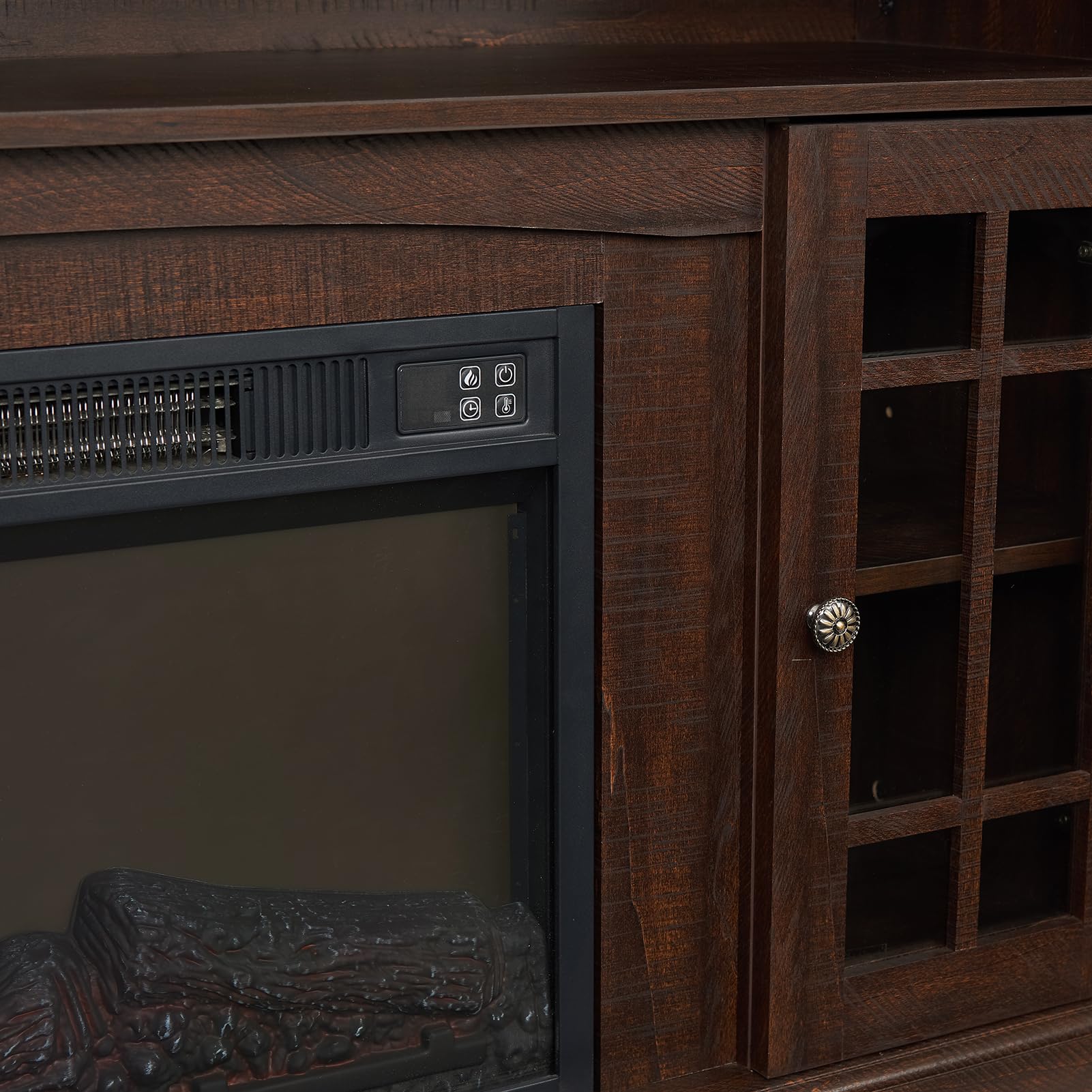Modern Farmhouse Fireplace TV Stand with Glass Door Cabinets - 65 Inch Media Entertainment Center Console Table with 2 Open Shelves - Espresso Finish for Living Room, Bedroom & Home Theater Setup