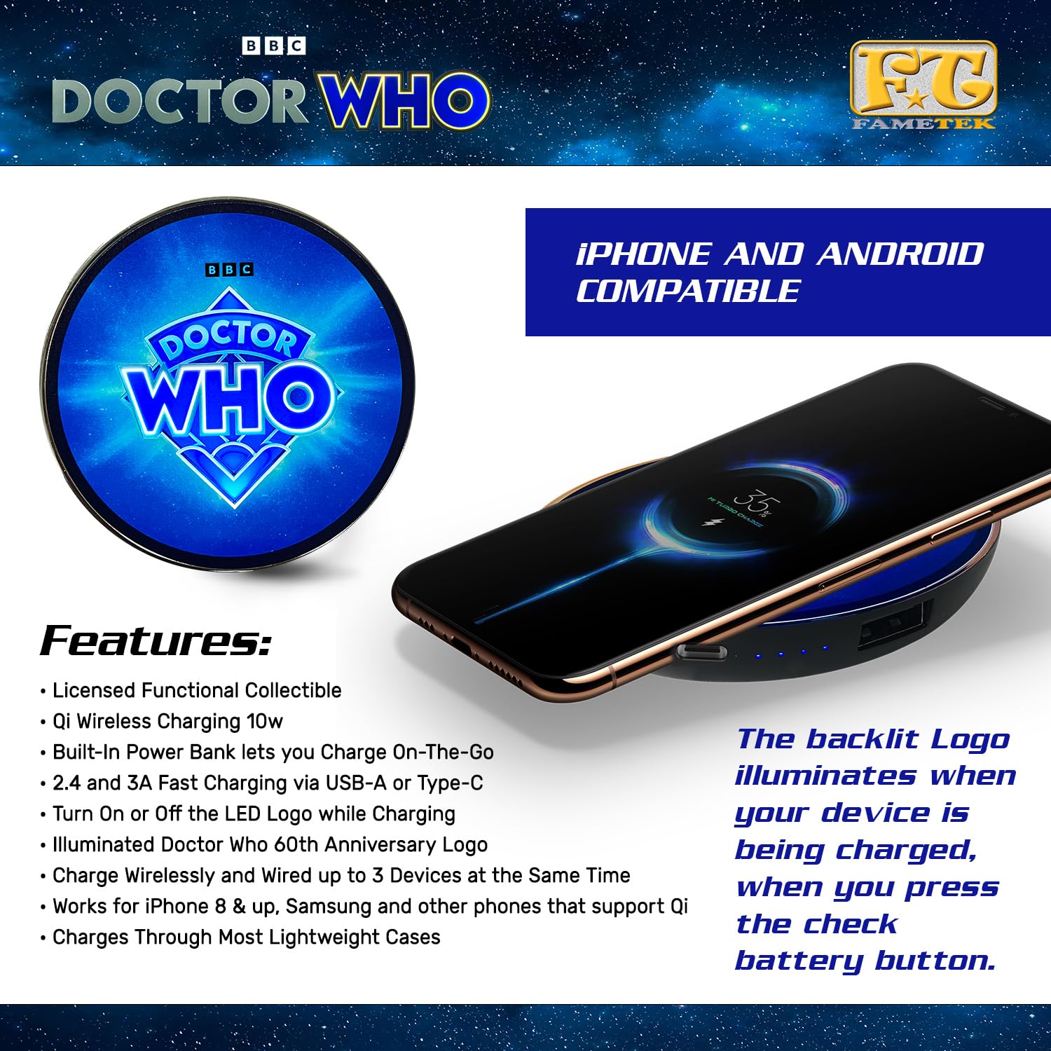 Doctor Who 60th Anniversary Logo Wireless Charger with Backup Battery - Fast Qi Charging Pad & USB Port | Portable Phone Charger with LED Light-Up TARDIS Design | Perfect Doctor Who Gifts for Fans, Office Desk & Travel Accessories