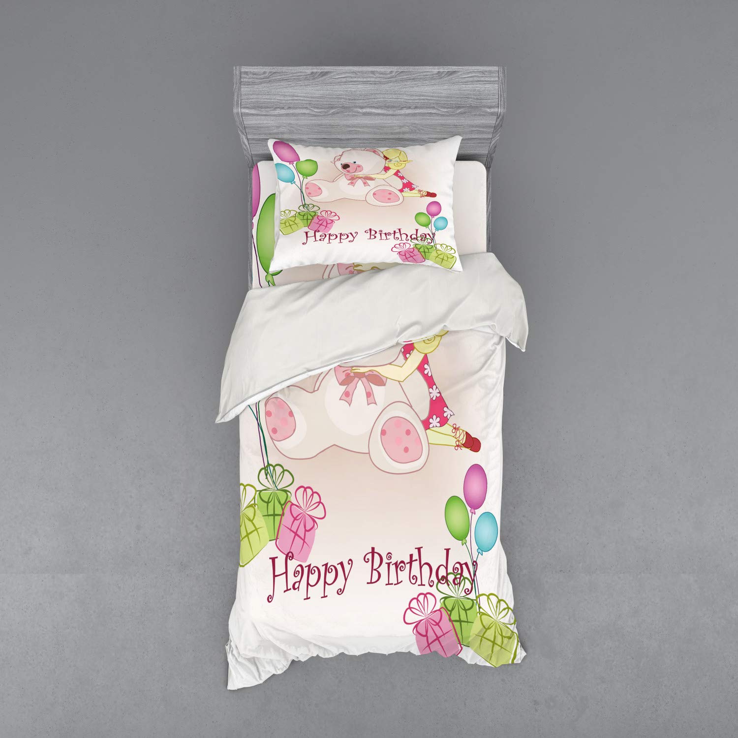 Ambesonne Colorful Teddy Bears Balloons Dolls Cartoon Print Duvet Cover Set - 3 Piece Twin Size Bedding with Sham & Fitted Sheet in Pale Pink | Perfect for Birthday Party Decorations, Kids Room & Nursery Decor