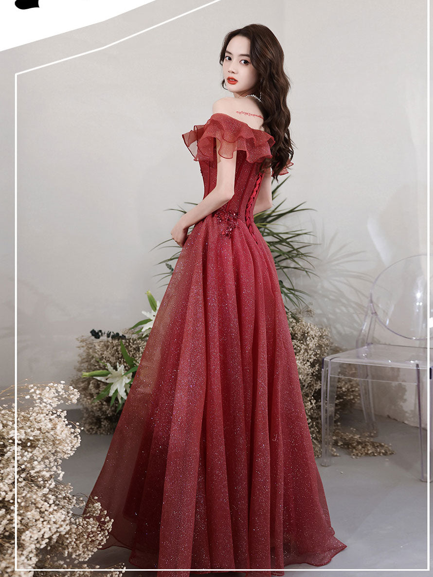 Elegant Burgundy Tulle Off-Shoulder Long Prom Dress for Women - Formal Evening Gown for Homecoming, Wedding, and Special Occasions