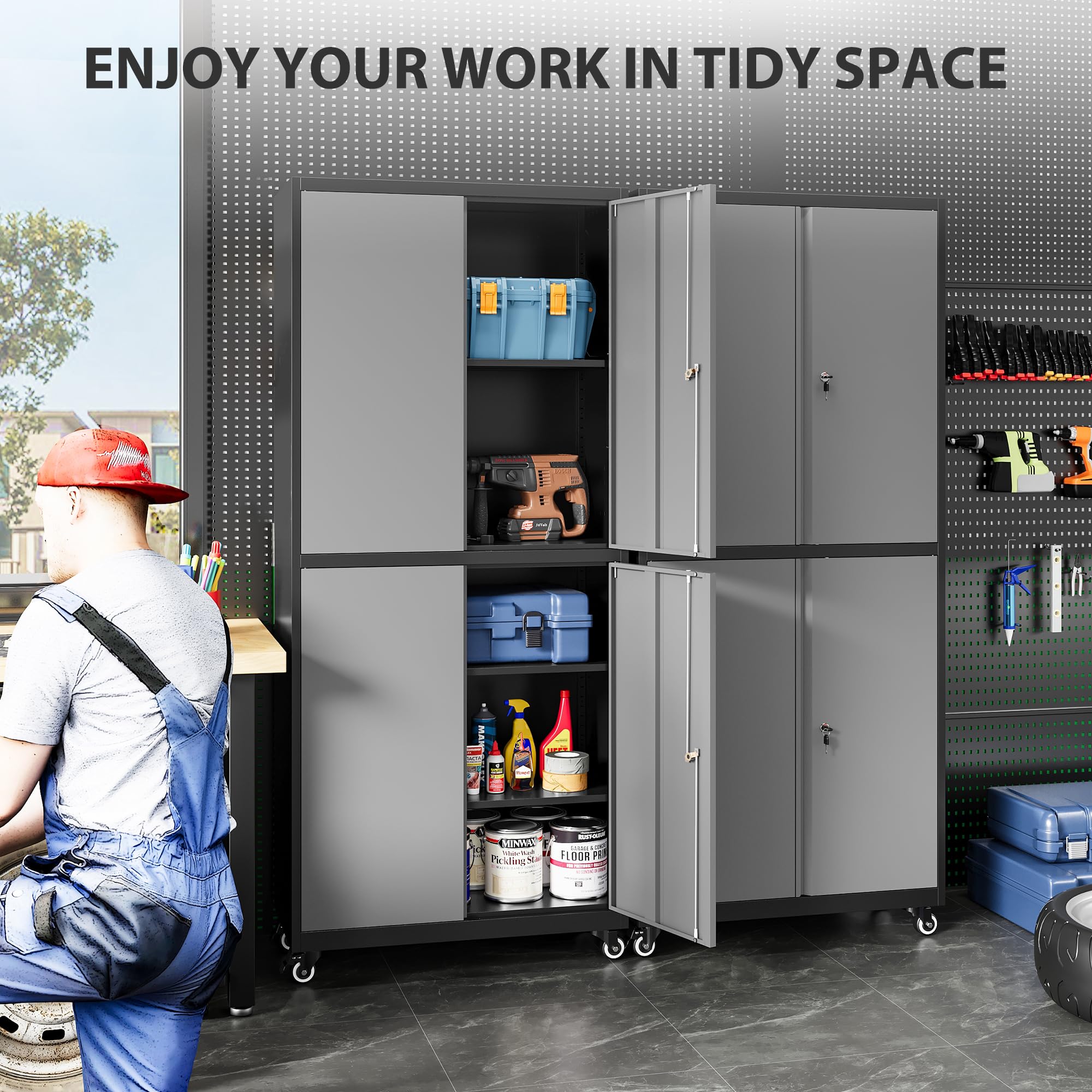 Heavy-Duty Rolling Metal Storage Cabinet with Lock & Wheels - Gray Lockable Garage Cabinet with Adjustable Shelves for Tools, Home, Office & Workshop Organization | Ideal for Garage Storage, Workshop Tool Organization & Home Office Supplies