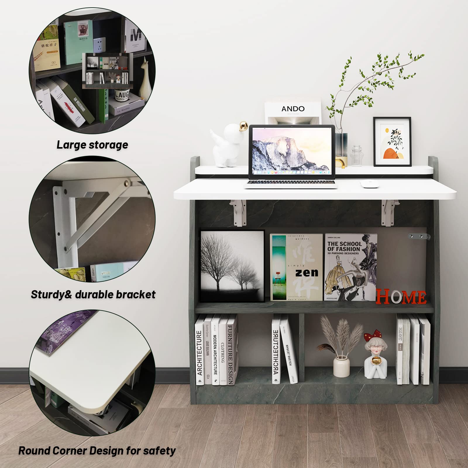 Pmnianhua 31'' Wall Mounted Folding Desk - Space Saving Drop-Leaf Table with Storage Shelf | Foldable Laptop Desk for Small Spaces | Perfect for Bedroom, Living Room & Home Office (Grey White)