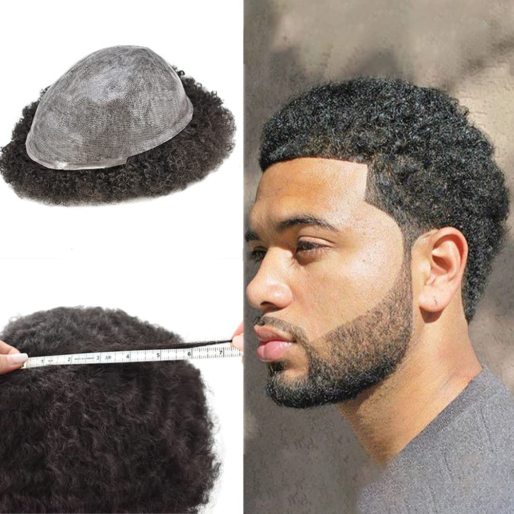 **Afro Curly Toupee for Black Men - 100% Virgin Human Kinky Curly Hair Replacement - 8X10 Inch Thin Skin Hair Unit (Afro Wavy 6mm, #1B Off Black/Natural Black) - 120% Medium Light to Medium Density - Perfect for Daily Wear, Cosplay & Special Events**