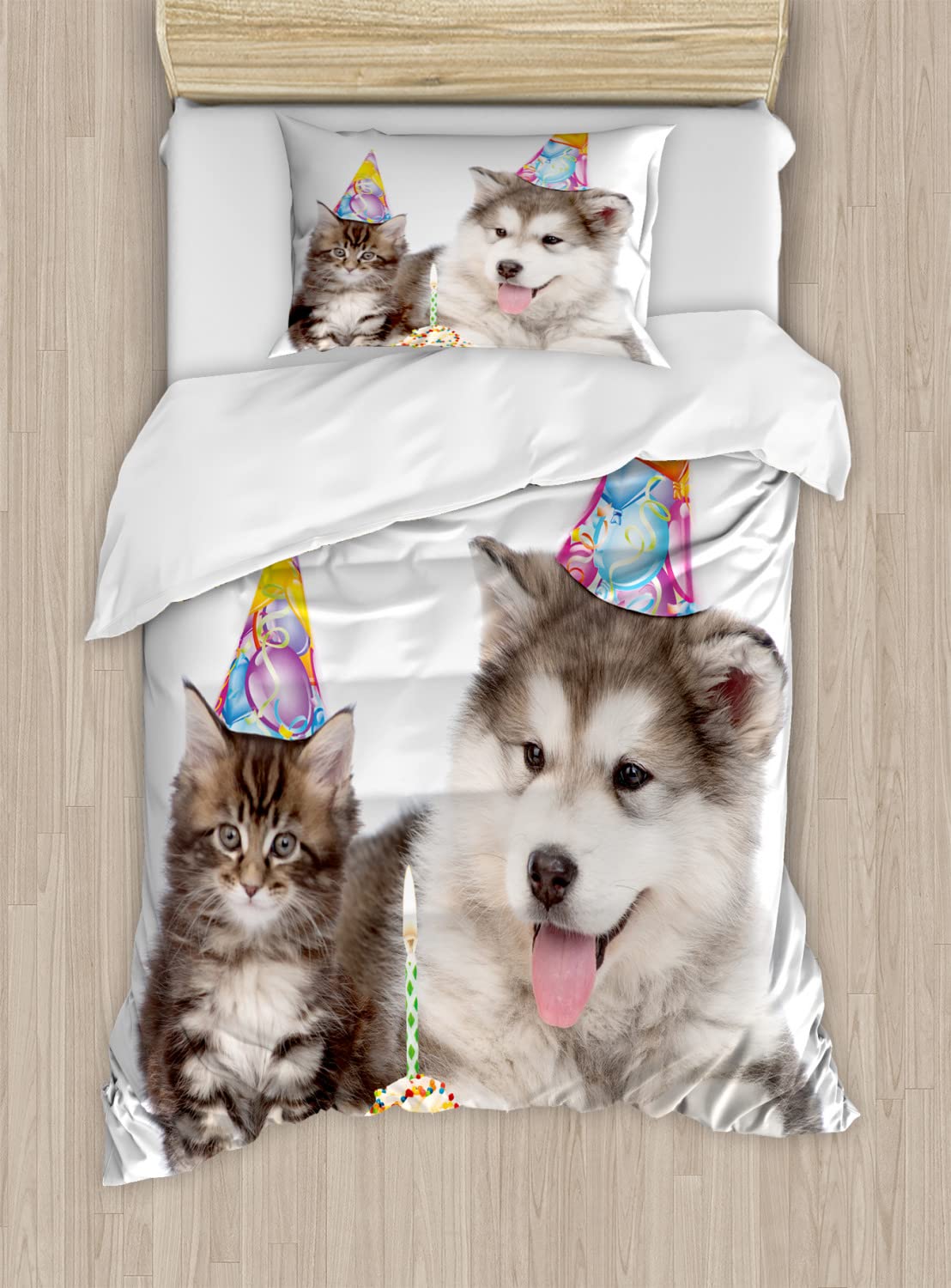 Ambesonne Birthday Duvet Cover Set - Dog & Cat Pet Theme with Party Hats & Cupcakes, 2-Piece King Size Bedding Set (2 Duvet Covers + 4 Pillowcases), White & Brown - Perfect for Pet Lovers' Birthday Decor & Cozy Bedroom Makeover