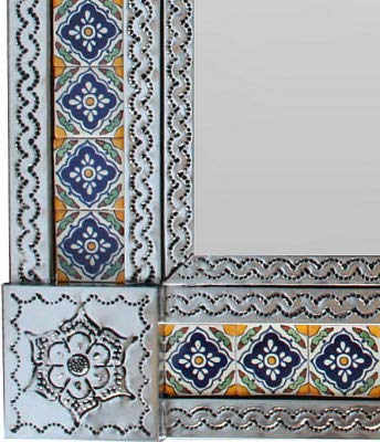 Handmade Small Silver Guadalajara Tile Mexican Wall Mirror - Authentic Mexican Folk Art Decor for Bathroom, Bedroom, Entryway & Southwest Style Home Decor